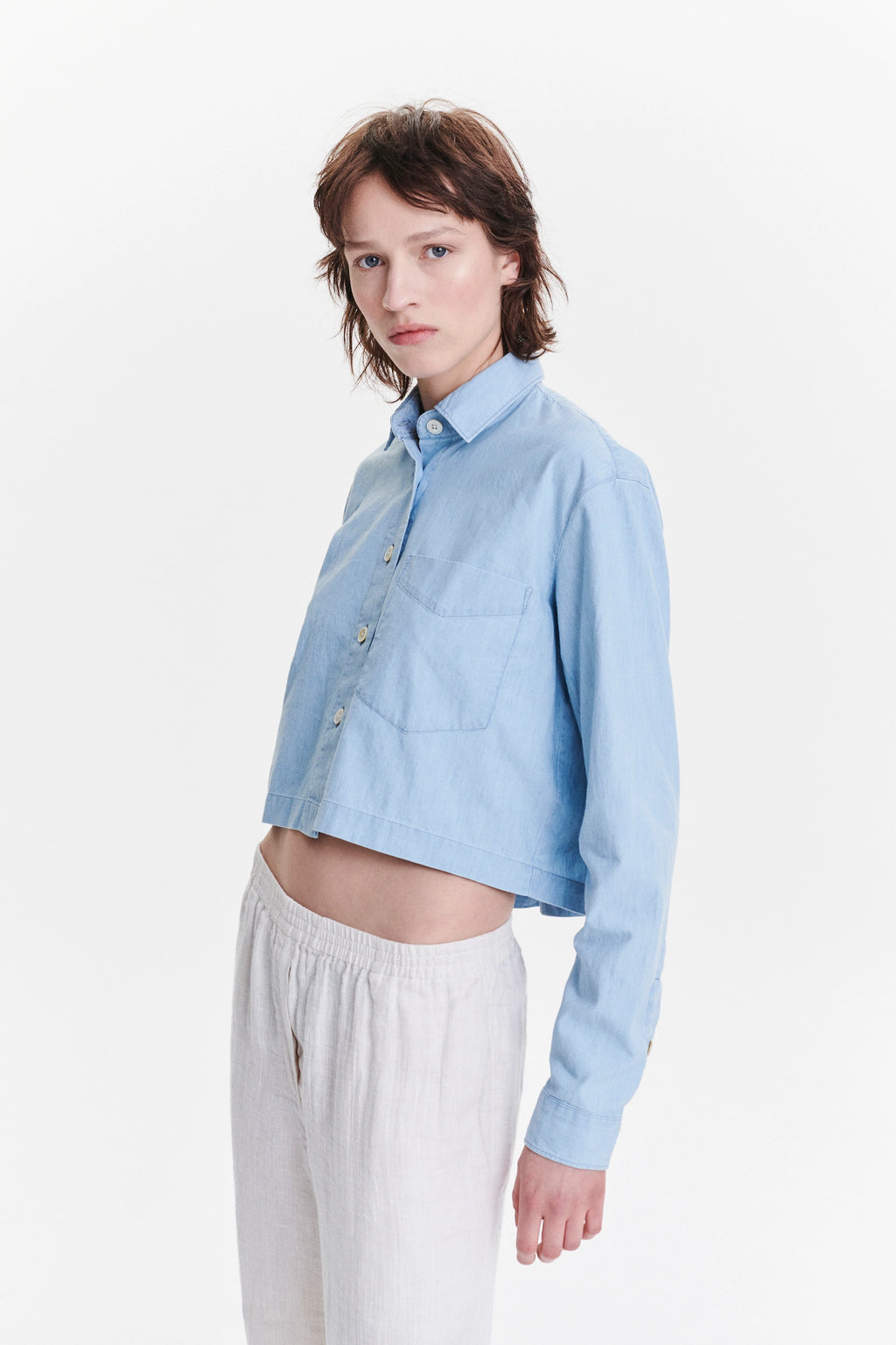 Relaxed Cropped Shirt in a Pale Sky Blue Bleached Italian Cotton Denim