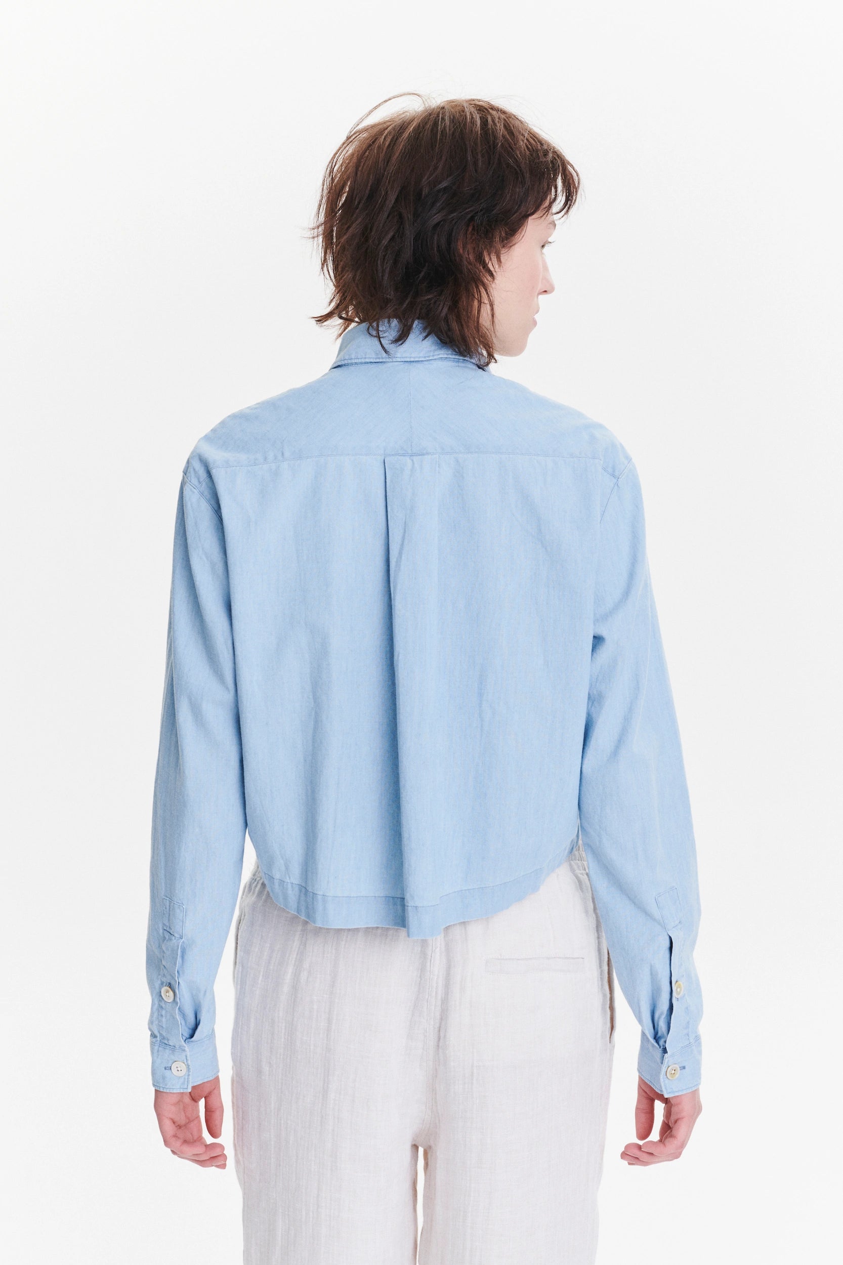 Relaxed Cropped Shirt in a Pale Sky Blue Bleached Italian Cotton Denim