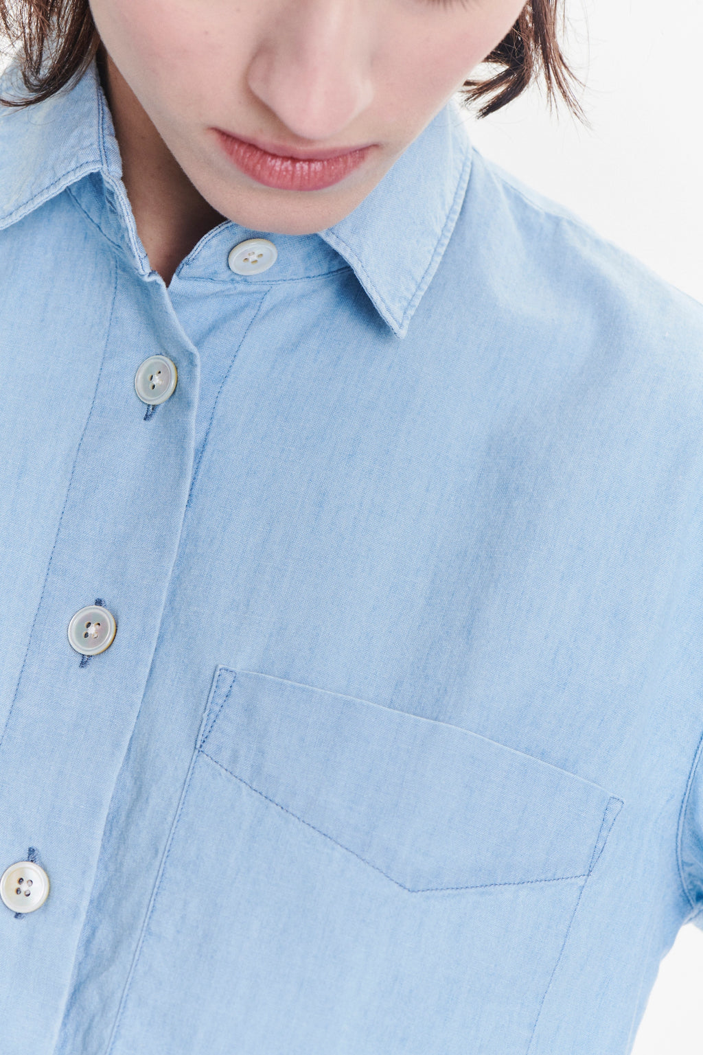 Relaxed Cropped Shirt in a Pale Sky Blue Bleached Italian Cotton Denim