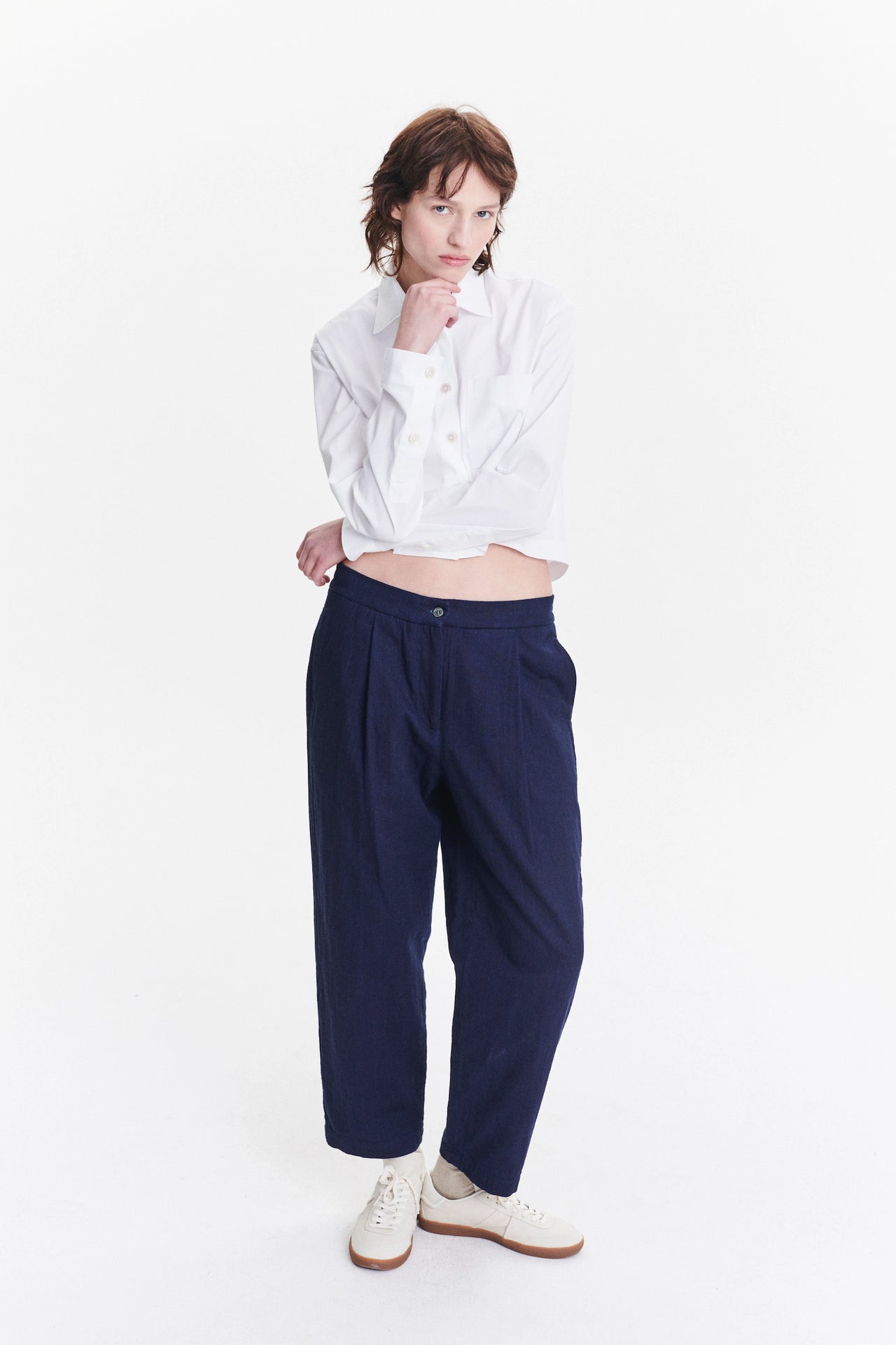 Relaxed Cropped Shirt in a Crisp White Italian Cotton, Nylon and Lycra