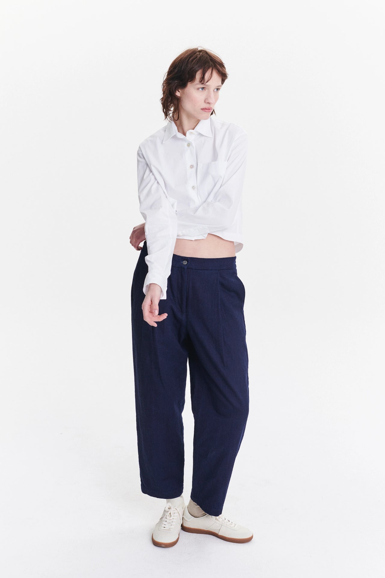 Relaxed Cropped Shirt in a Crisp White Italian Cotton, Nylon and Lycra