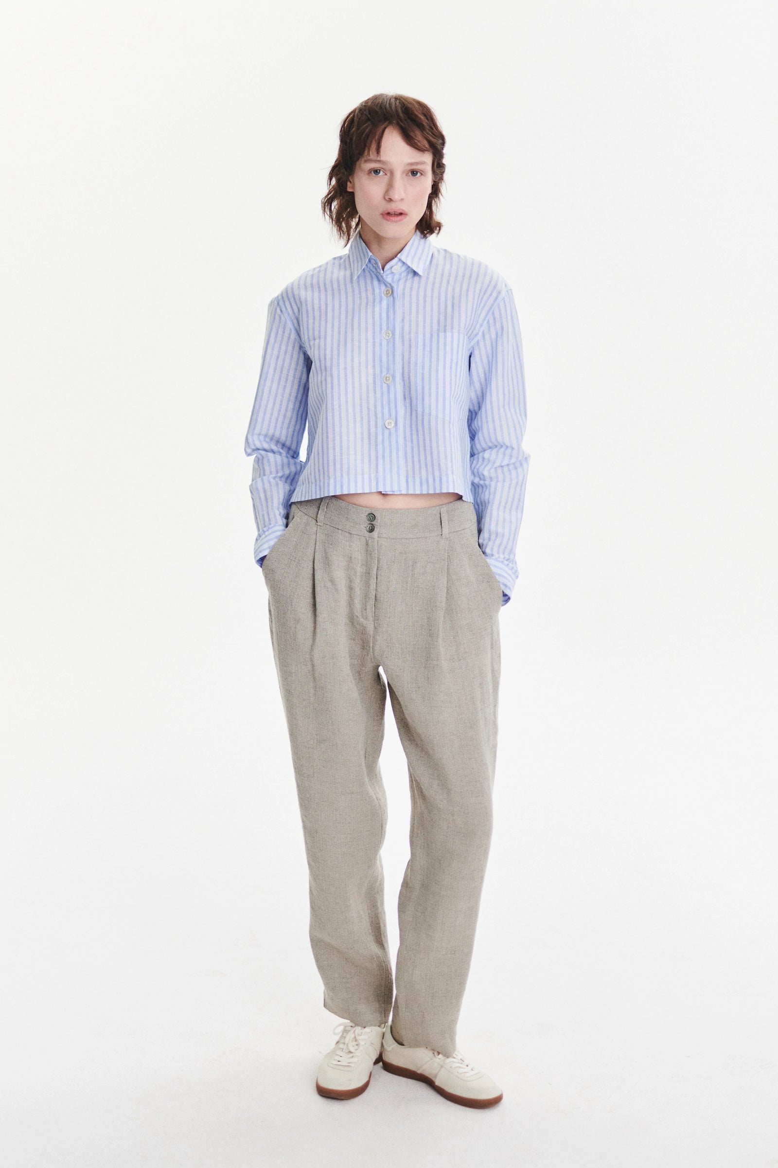 Relaxed Cropped Shirt in a Light Blue Soft Tonal Stripe Portuguese Cotton and Linen