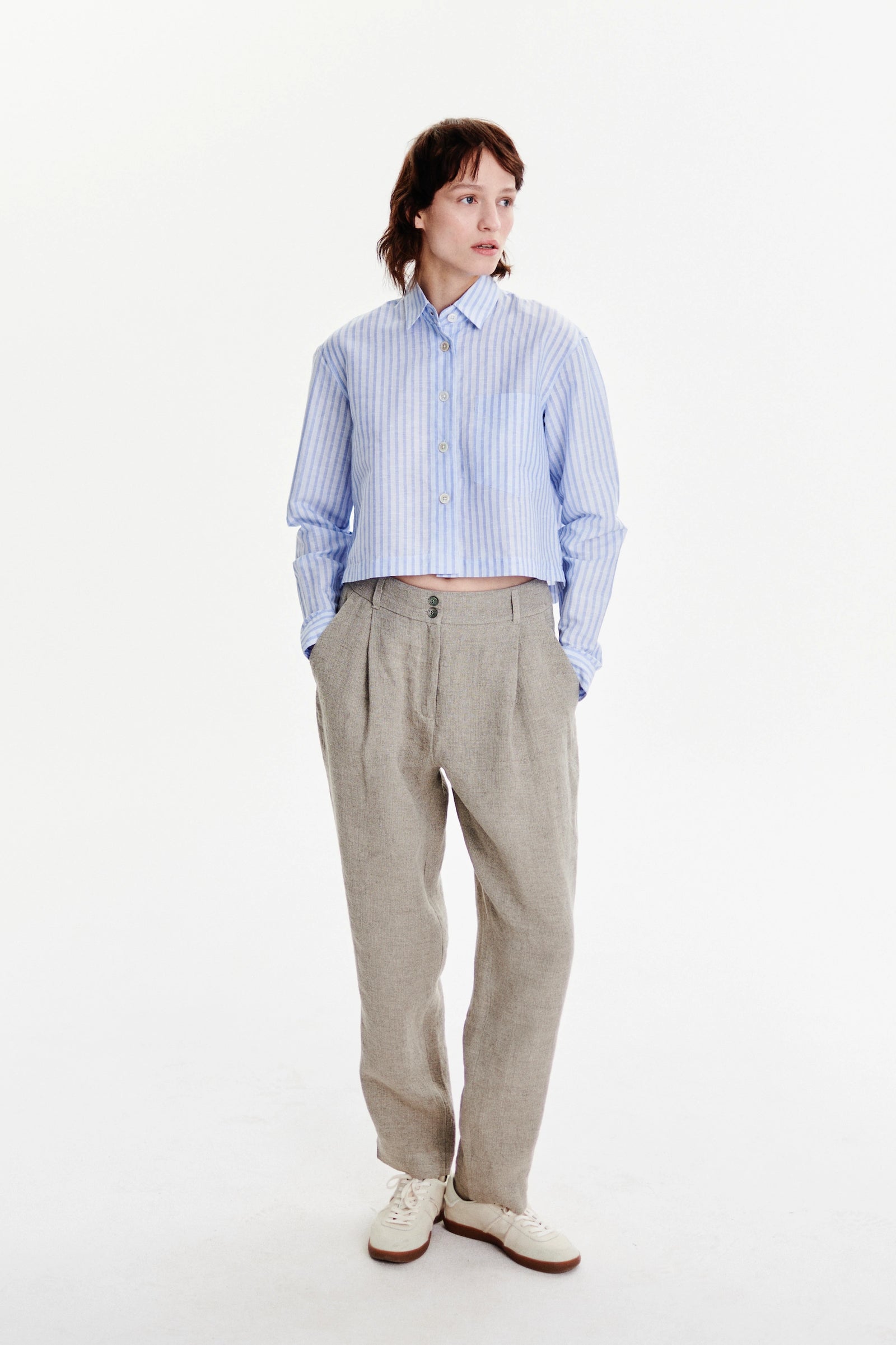 Relaxed Cropped Shirt in a Light Blue Soft Tonal Stripe Portuguese Cotton and Linen