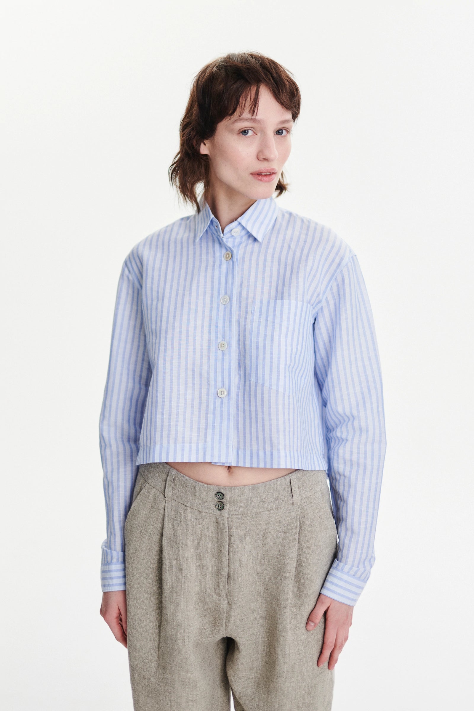 Relaxed Cropped Shirt in a Light Blue Soft Tonal Stripe Portuguese Cotton and Linen