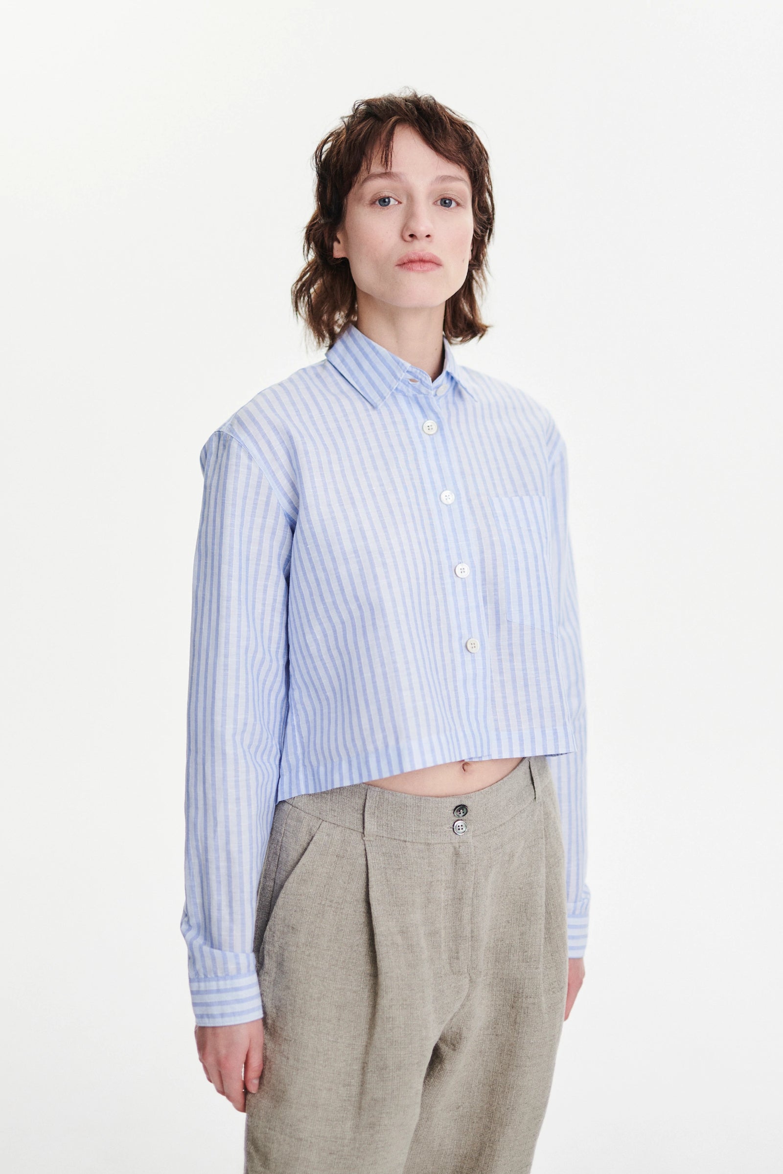 Relaxed Cropped Shirt in a Light Blue Soft Tonal Stripe Portuguese Cotton and Linen