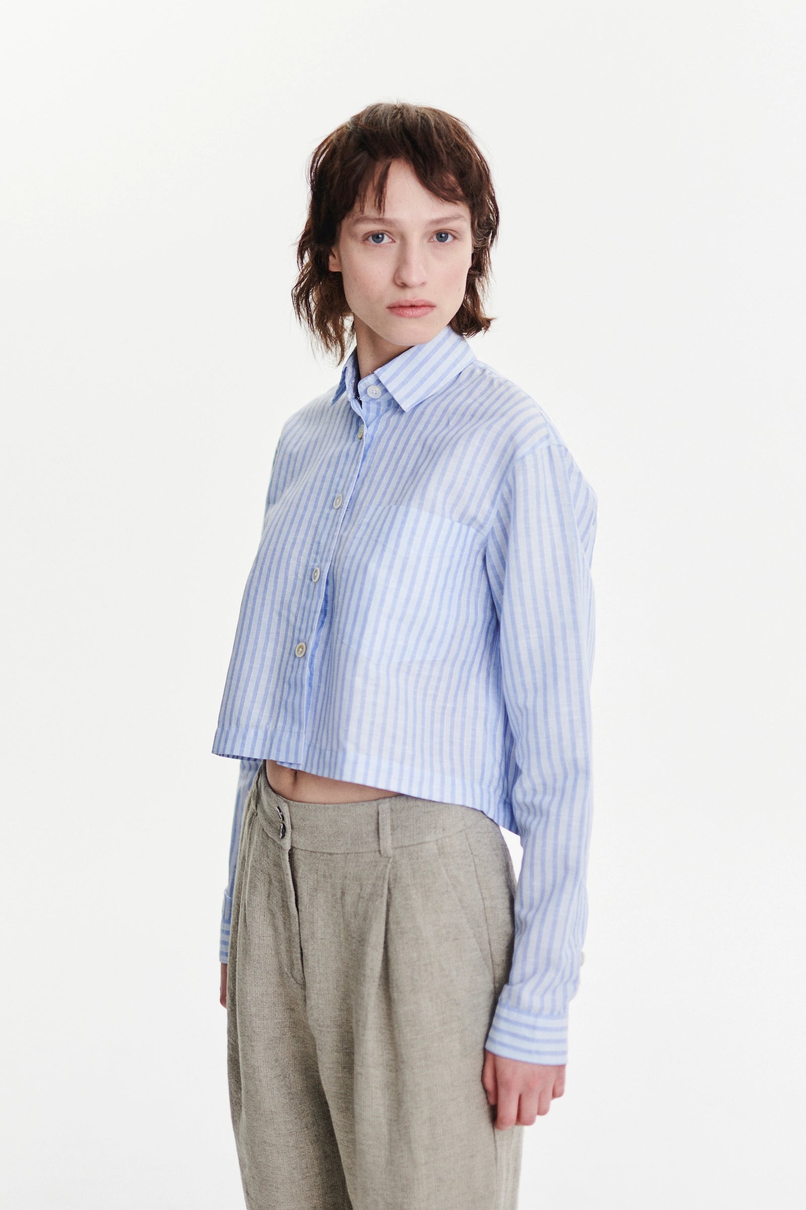 Relaxed Cropped Shirt in a Light Blue Soft Tonal Stripe Portuguese Cotton and Linen