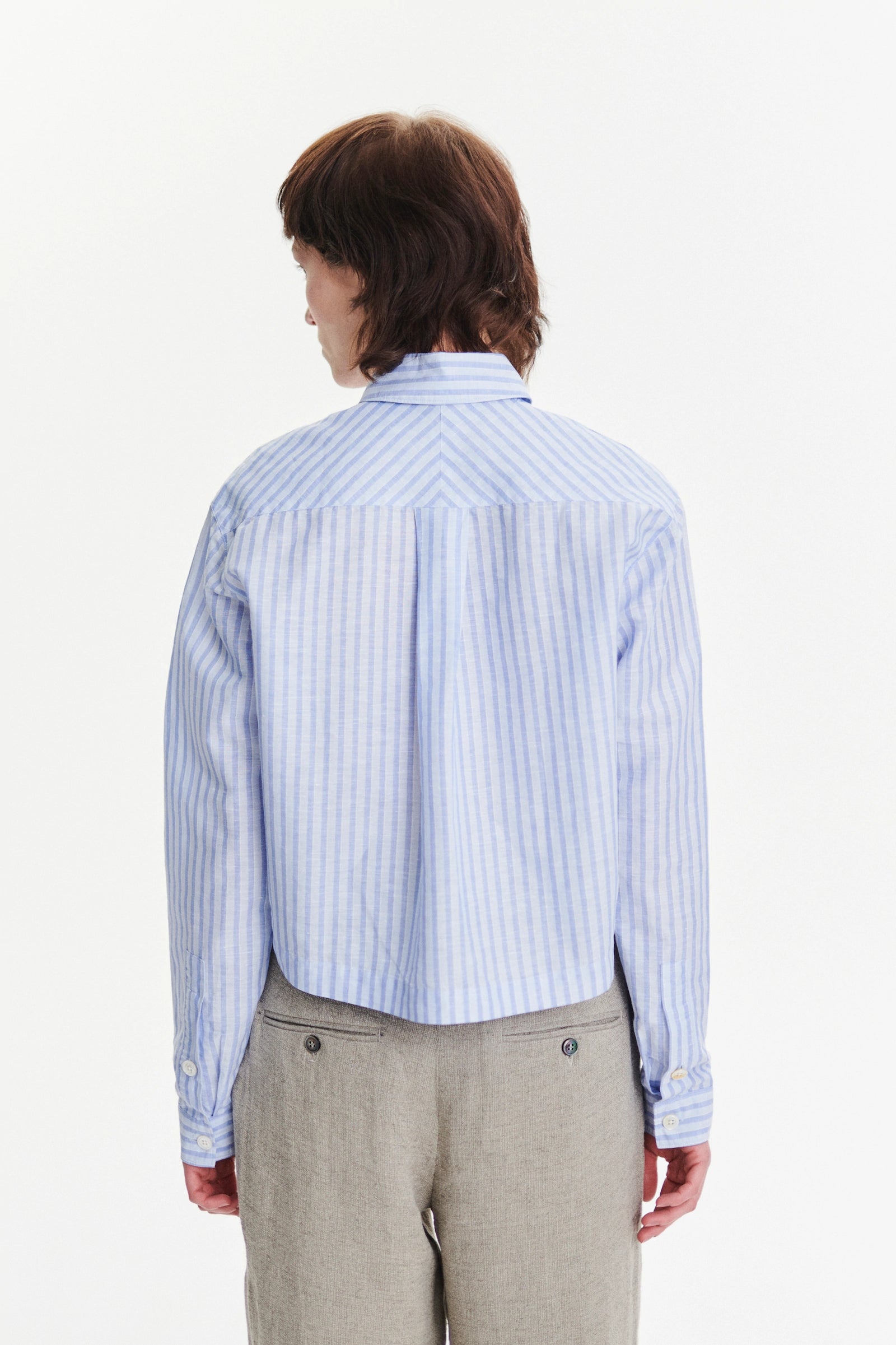Relaxed Cropped Shirt in a Light Blue Soft Tonal Stripe Portuguese Cotton and Linen