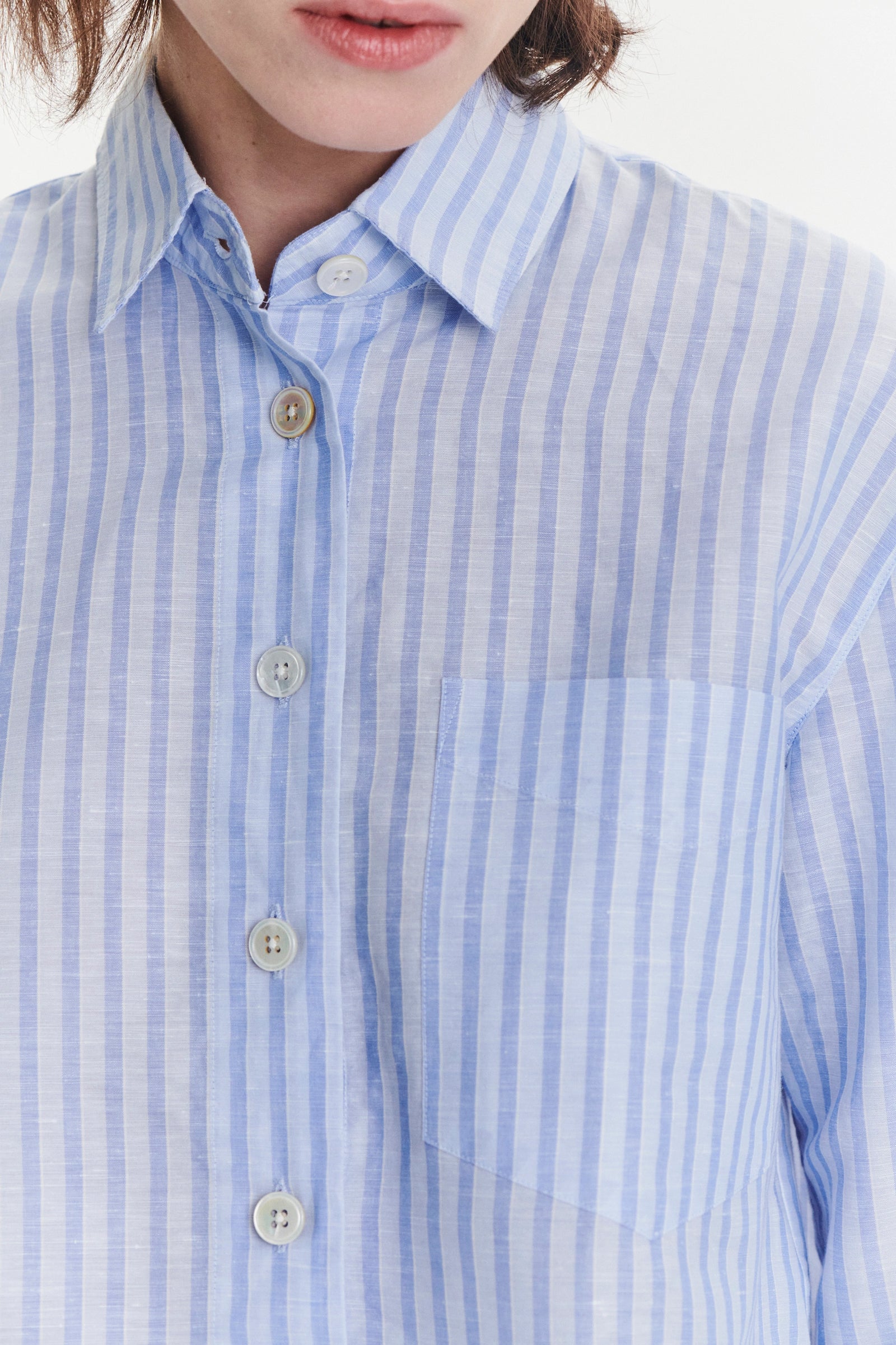 Relaxed Cropped Shirt in a Light Blue Soft Tonal Stripe Portuguese Cotton and Linen