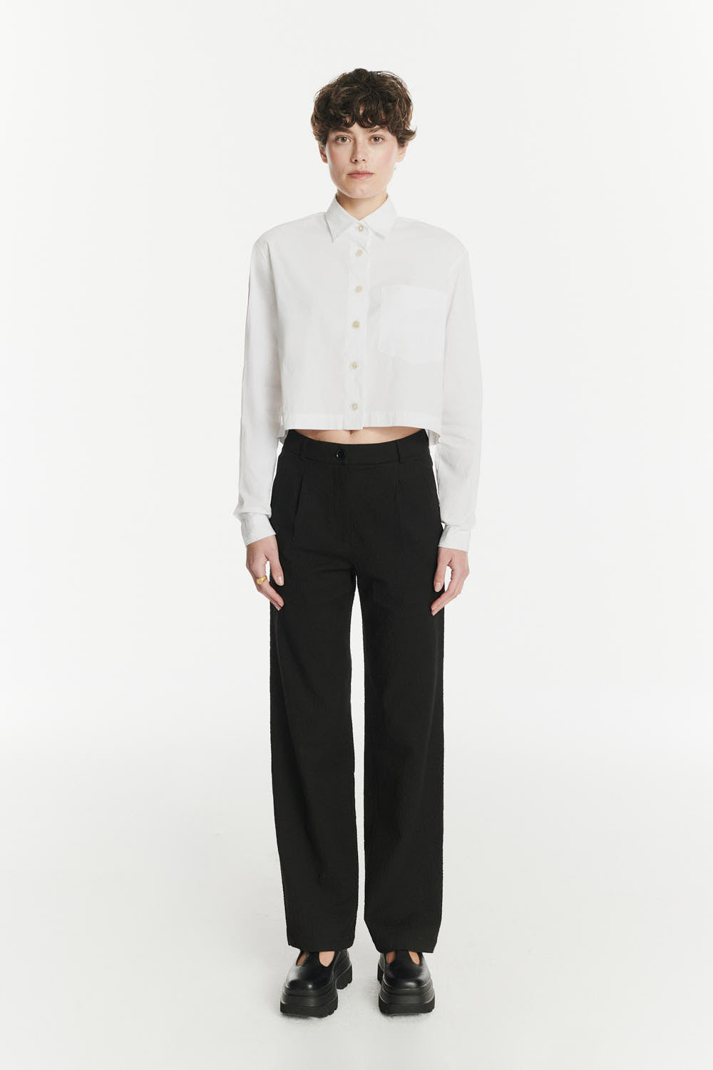 Relaxed Cropped Shirt in a Crisp White Italian Cotton, Nylon and Lycra