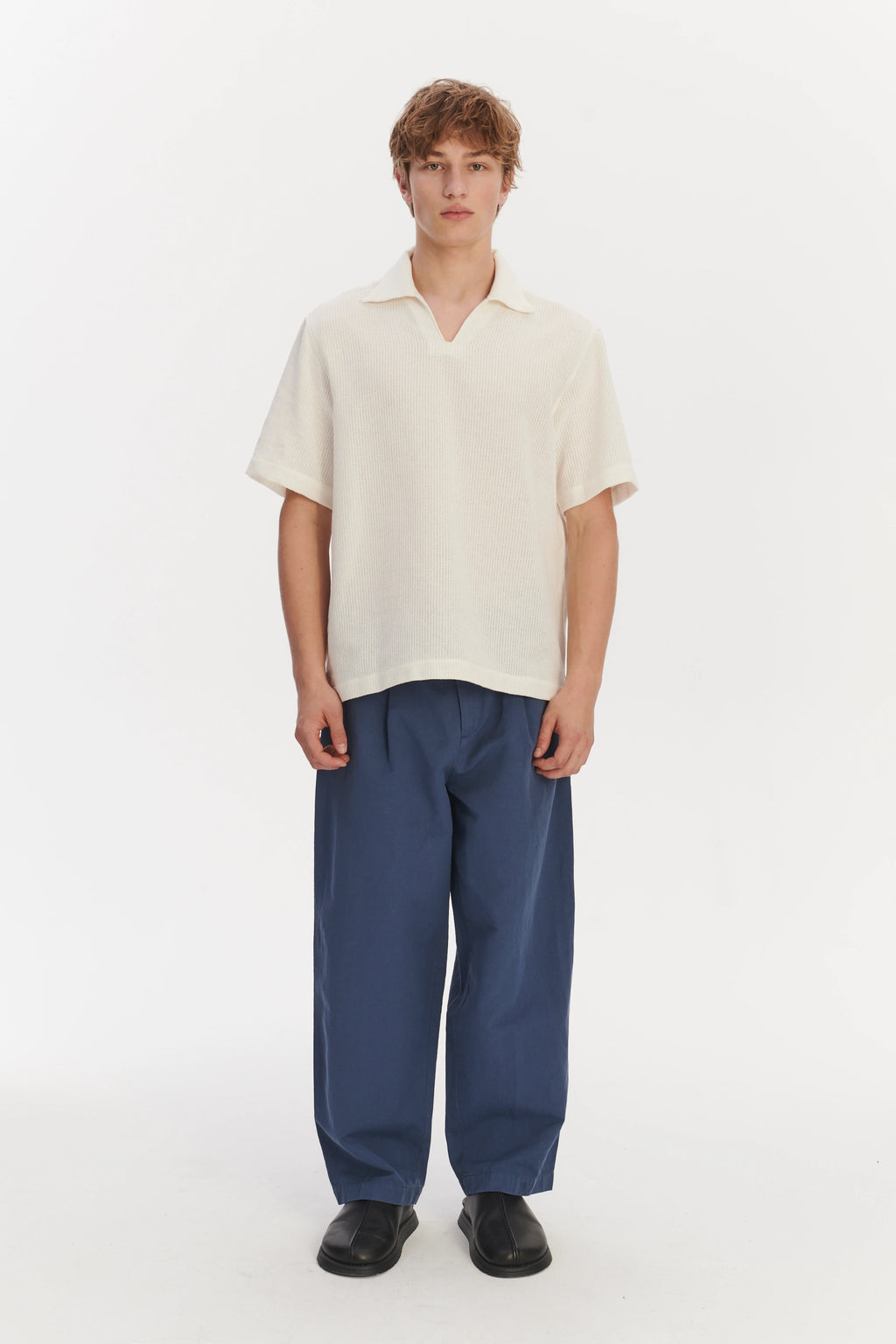 Short Sleeve Pop Over Shirt  in a Cream White Airy Structural Portuguese Cotton