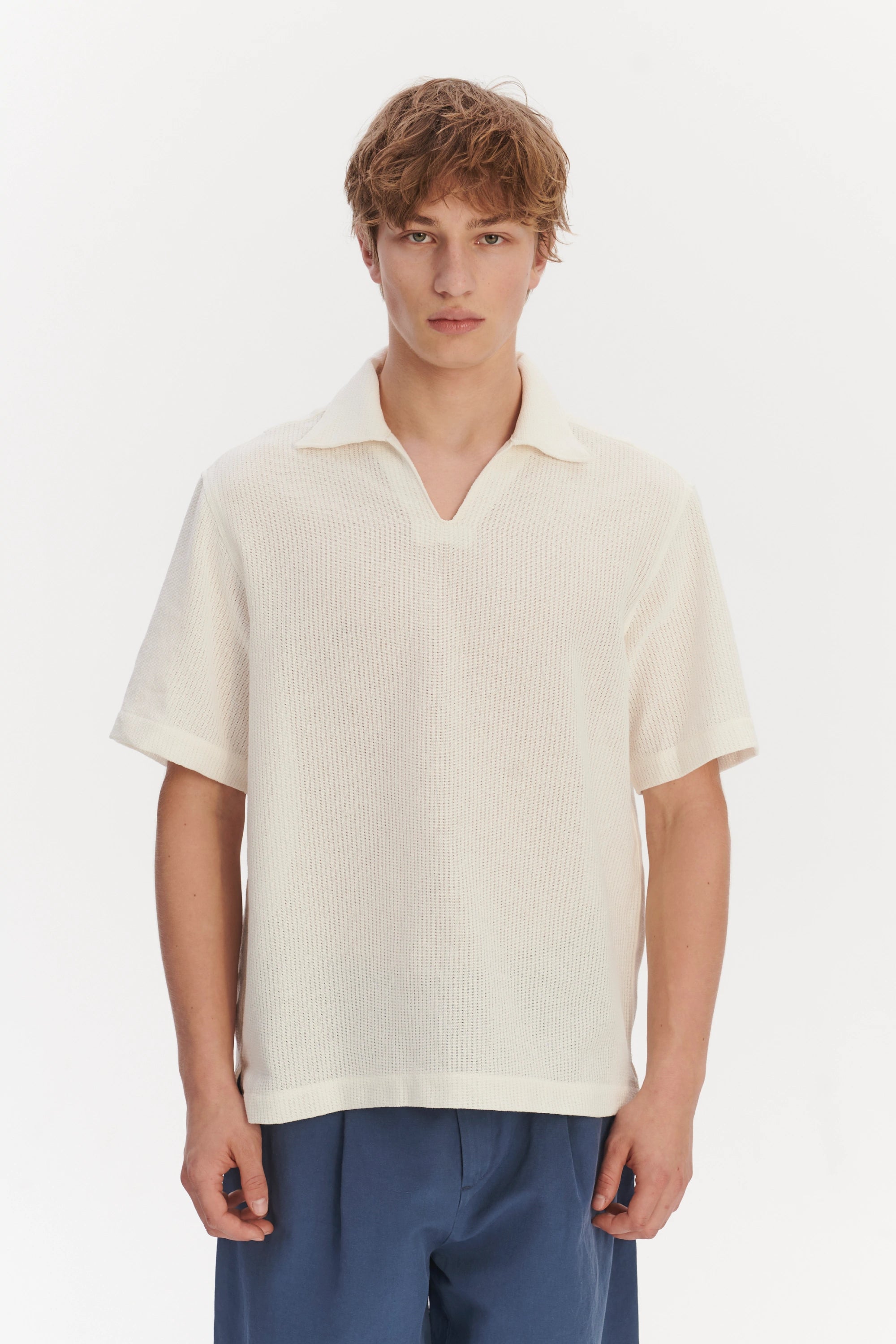 Short Sleeve Pop Over Shirt  in a Cream White Airy Structural Portuguese Cotton