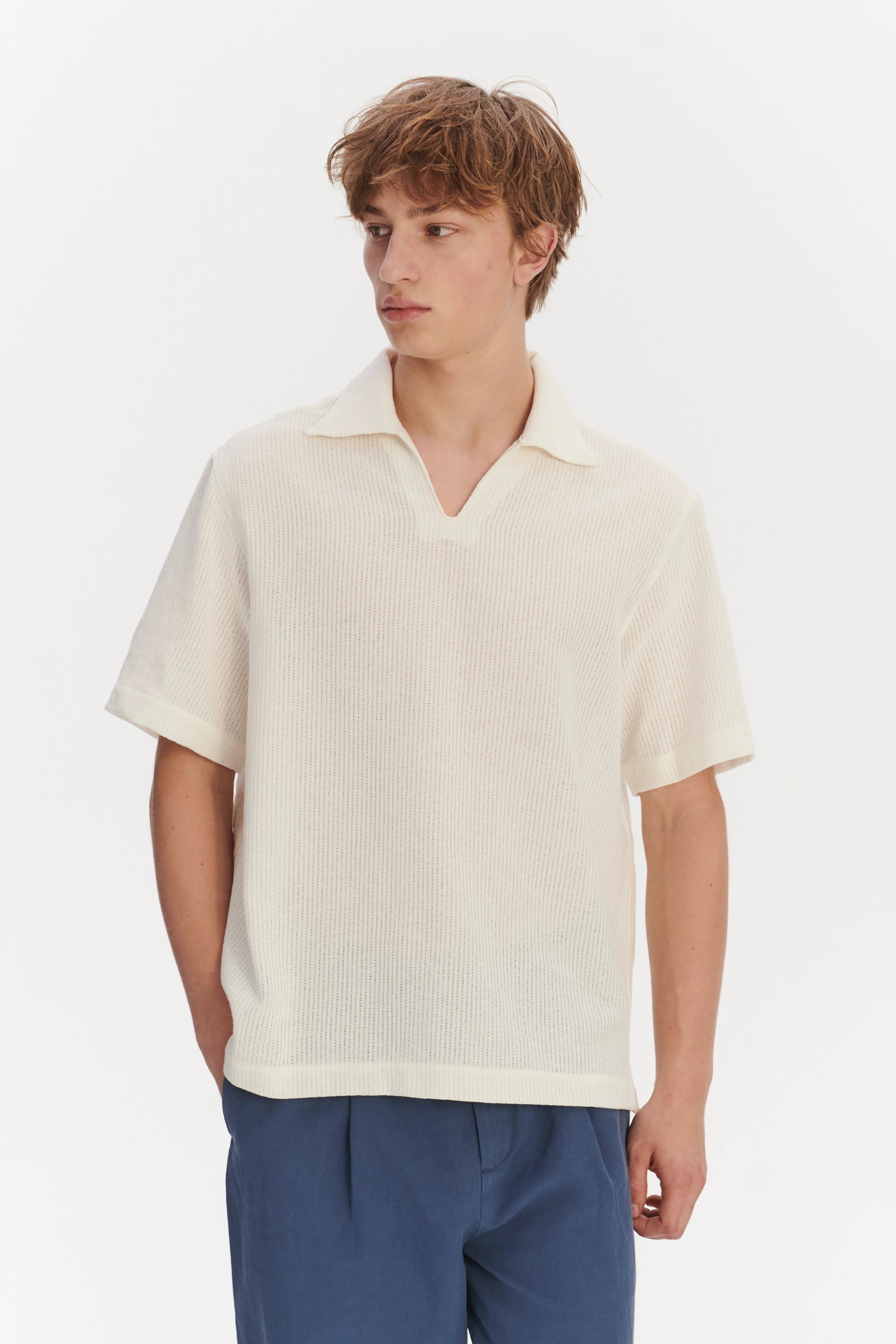 Short Sleeve Pop Over Shirt  in a Cream White Airy Structural Portuguese Cotton