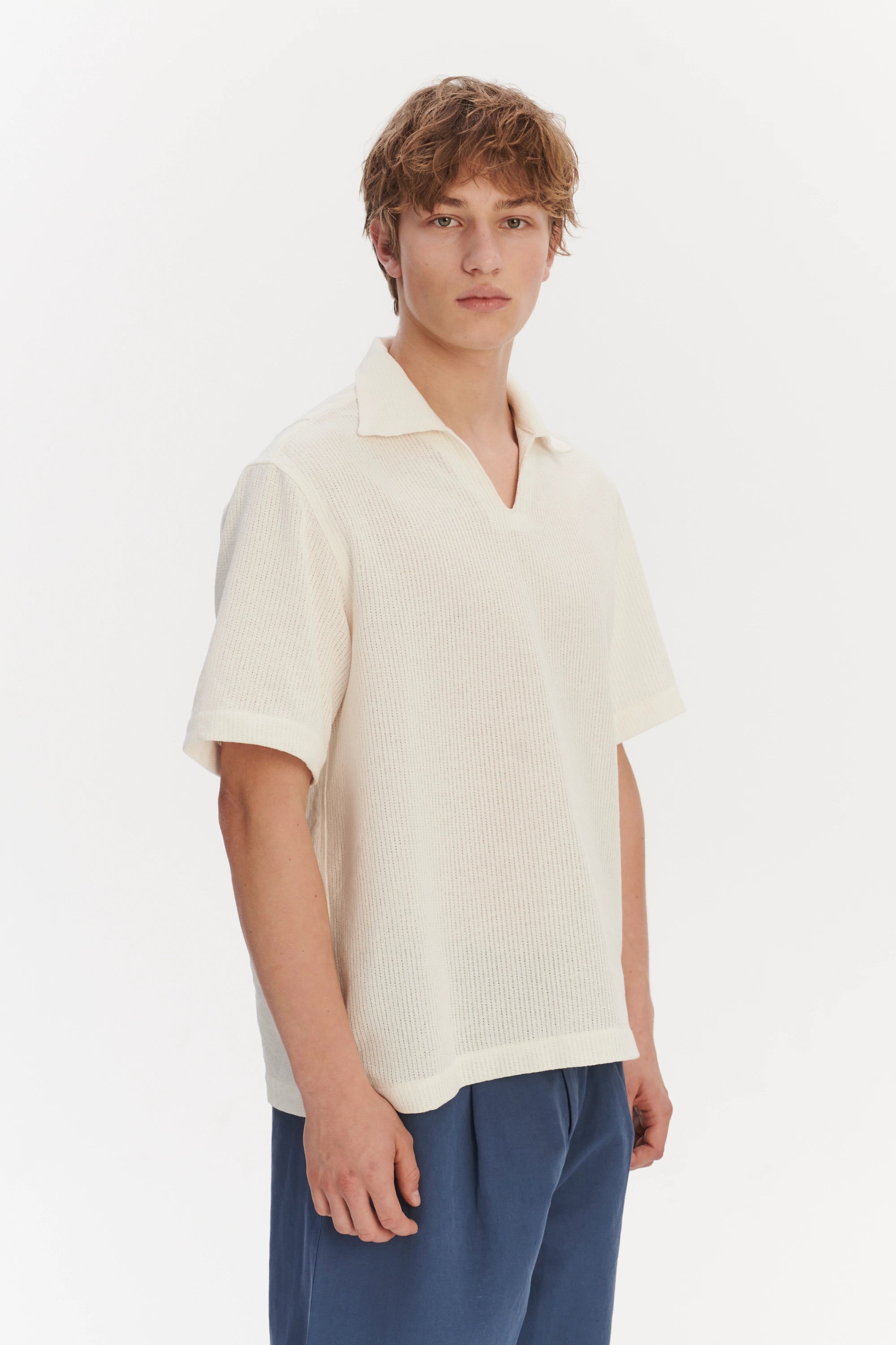 Short Sleeve Pop Over Shirt  in a Cream White Airy Structural Portuguese Cotton