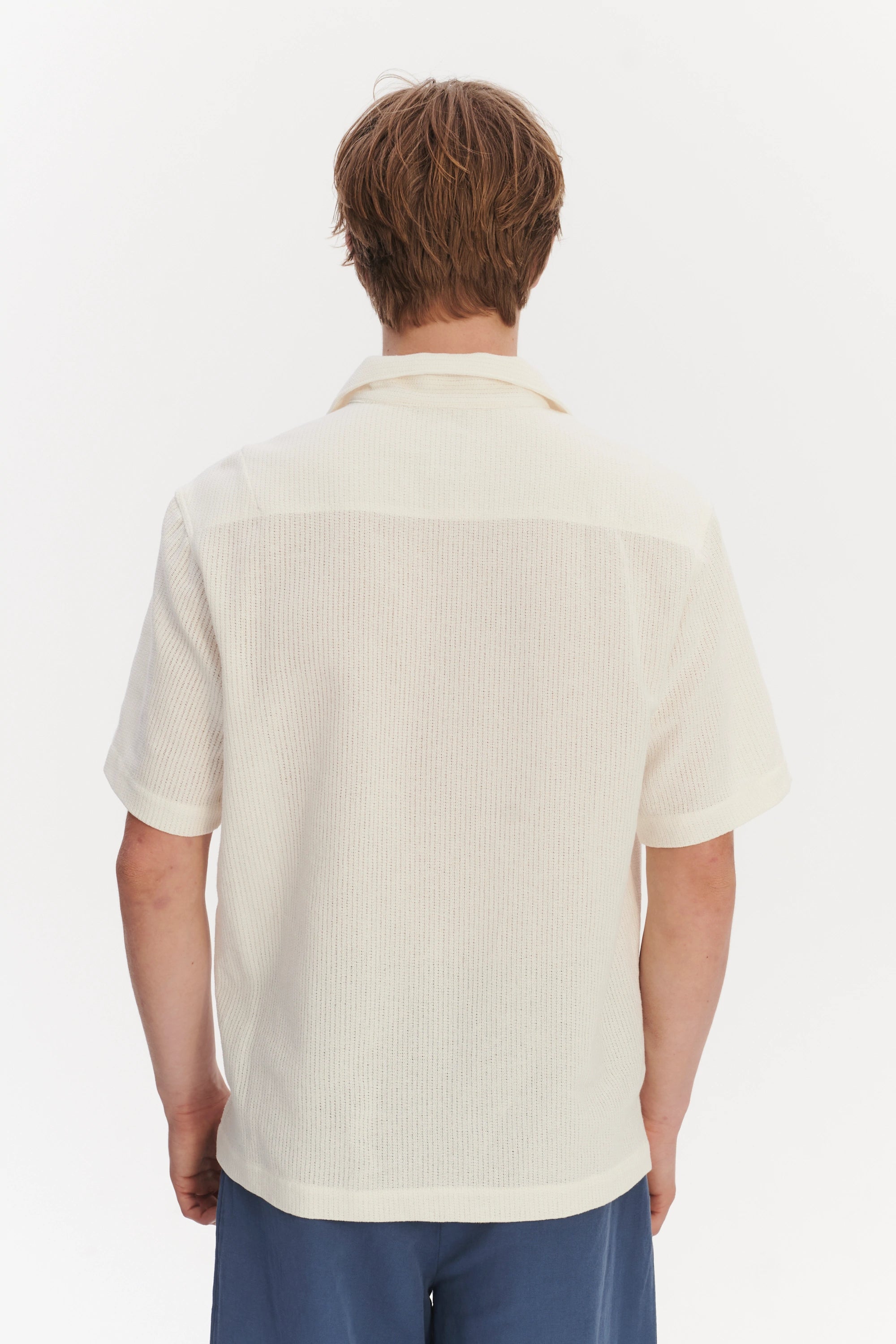 Short Sleeve Pop Over Shirt  in a Cream White Airy Structural Portuguese Cotton