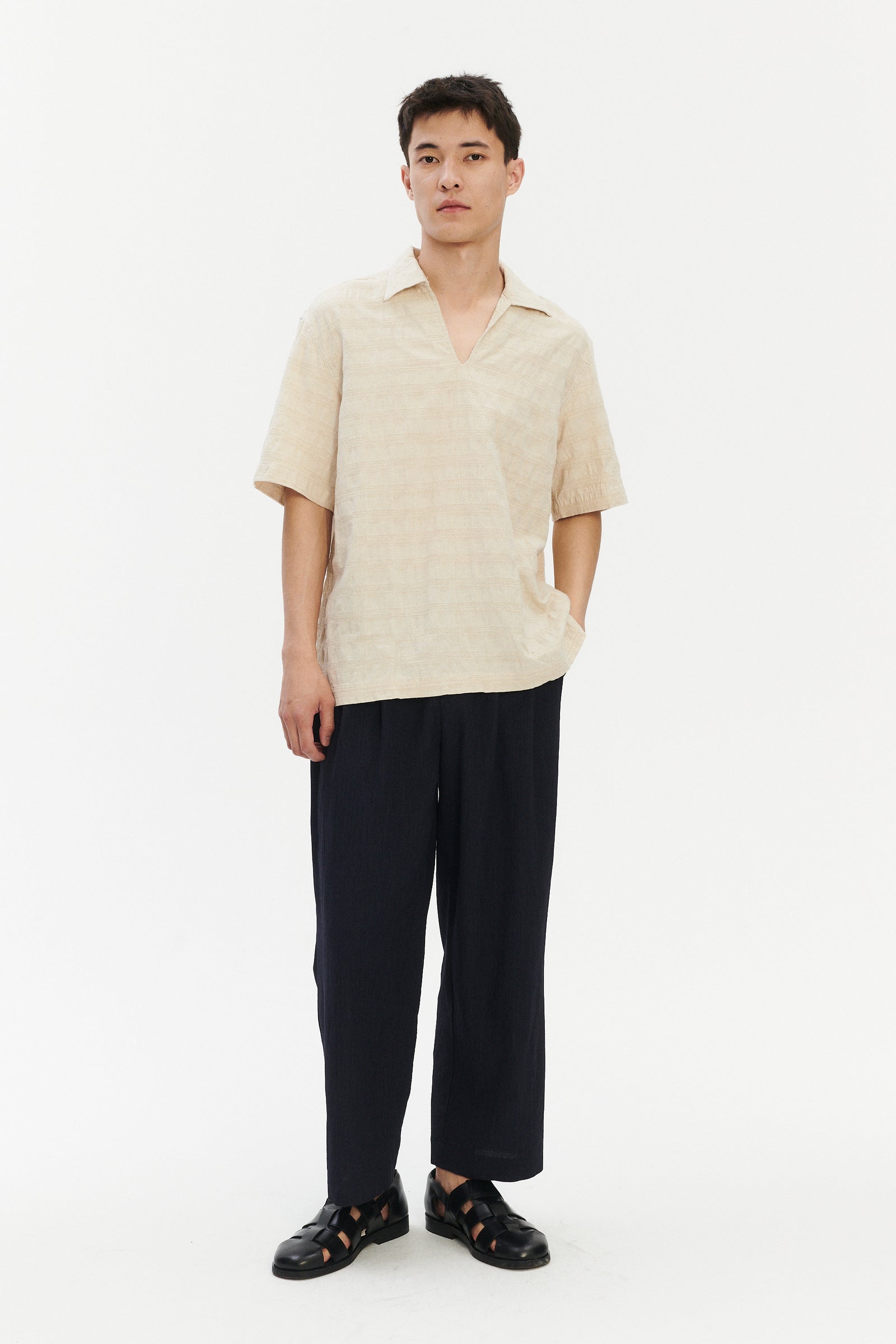 Short Sleeve Pop Over Shirt in a Cream White Subtle Weave Japanese Cotton and Linen