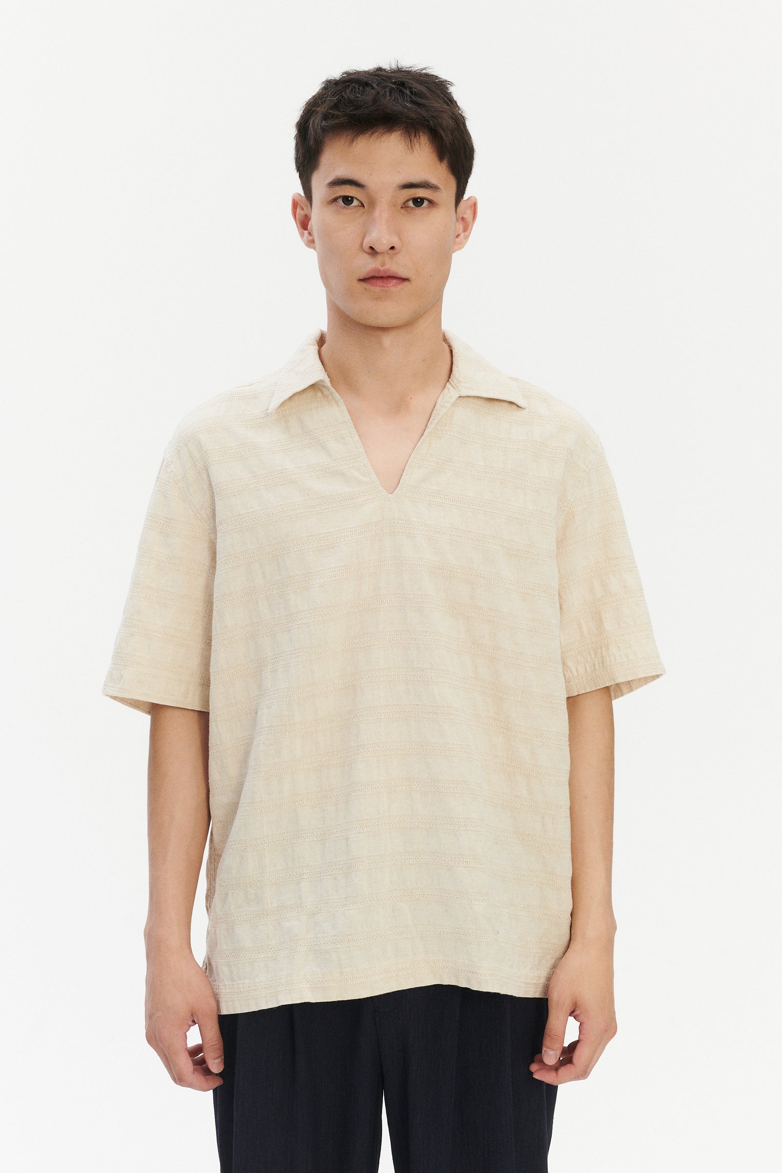 Short Sleeve Pop Over Shirt in a Cream White Subtle Weave Japanese Cotton and Linen