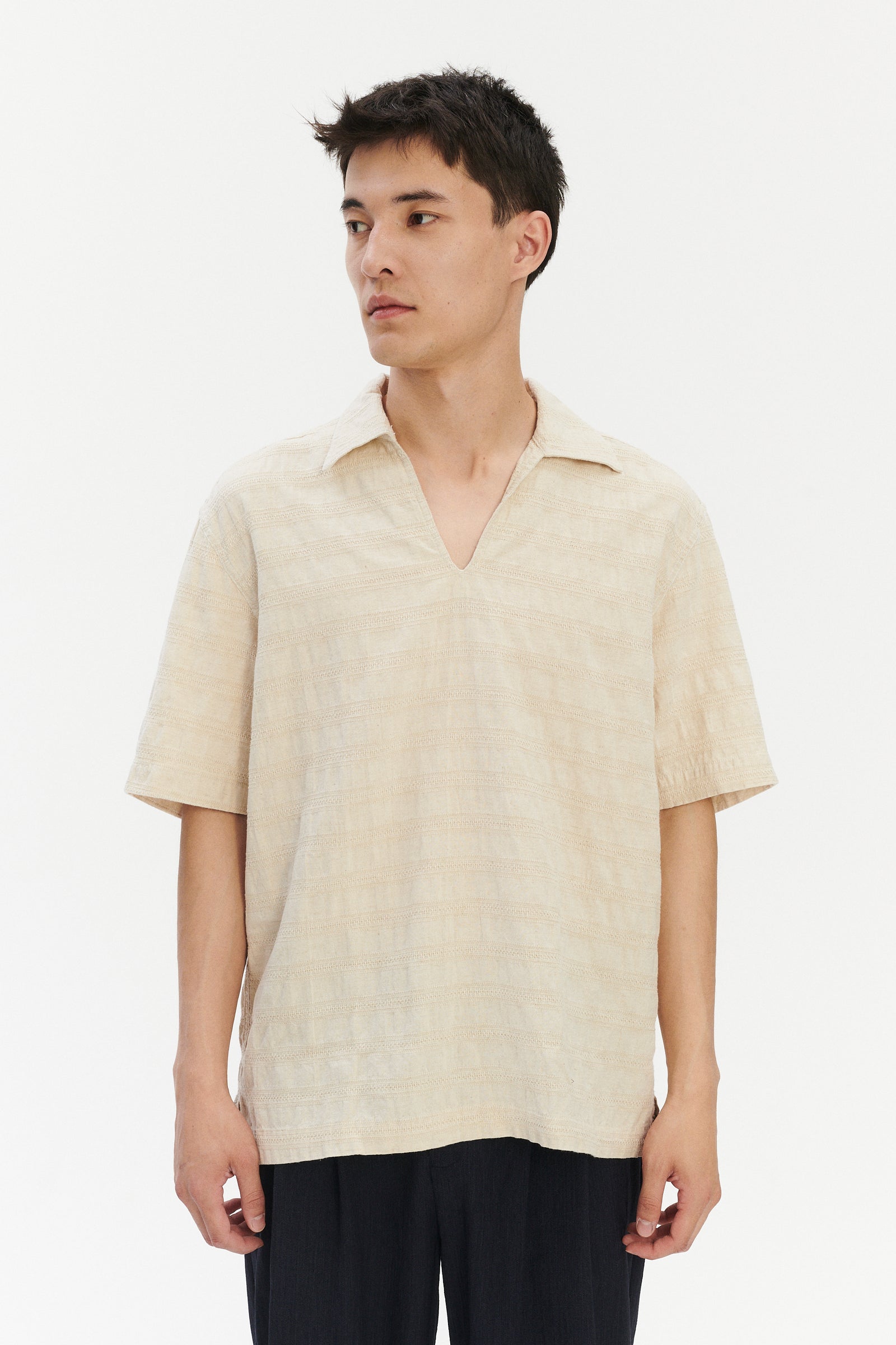 Short Sleeve Pop Over Shirt in a Cream White Subtle Weave Japanese Cotton and Linen