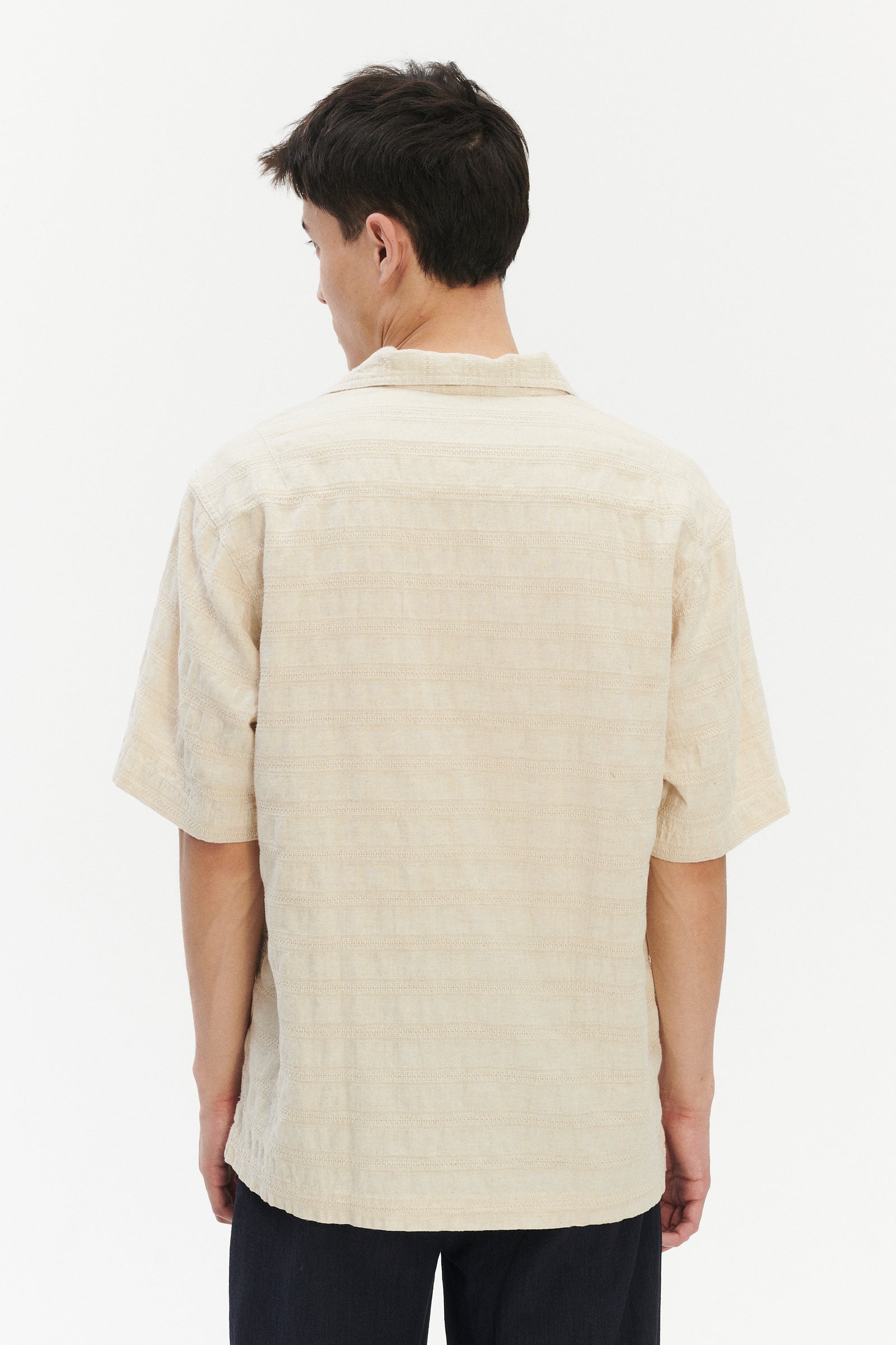 Short Sleeve Pop Over Shirt in a Cream White Subtle Weave Japanese Cotton and Linen