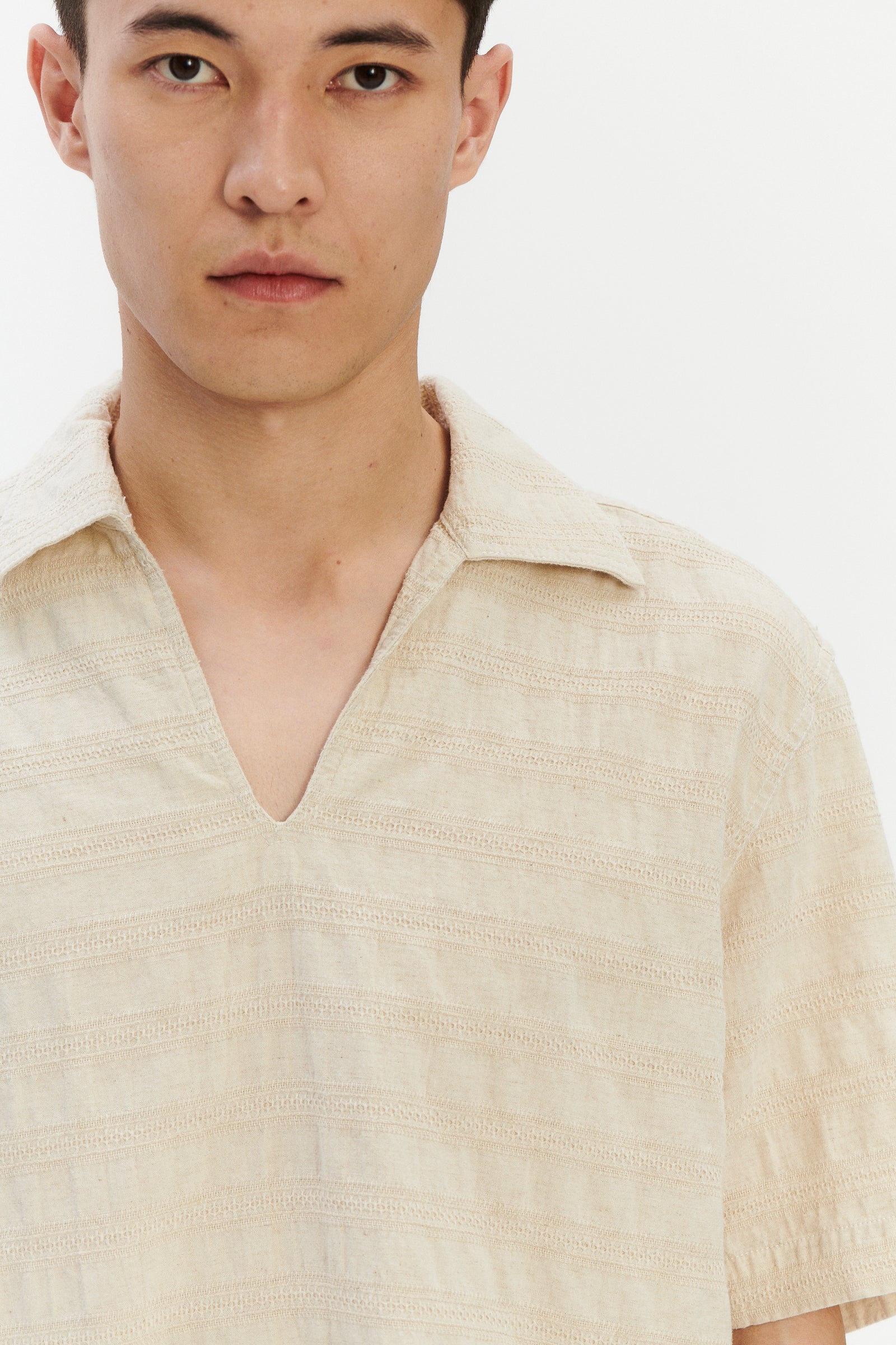 Short Sleeve Pop Over Shirt in a Cream White Subtle Weave Japanese Cotton and Linen