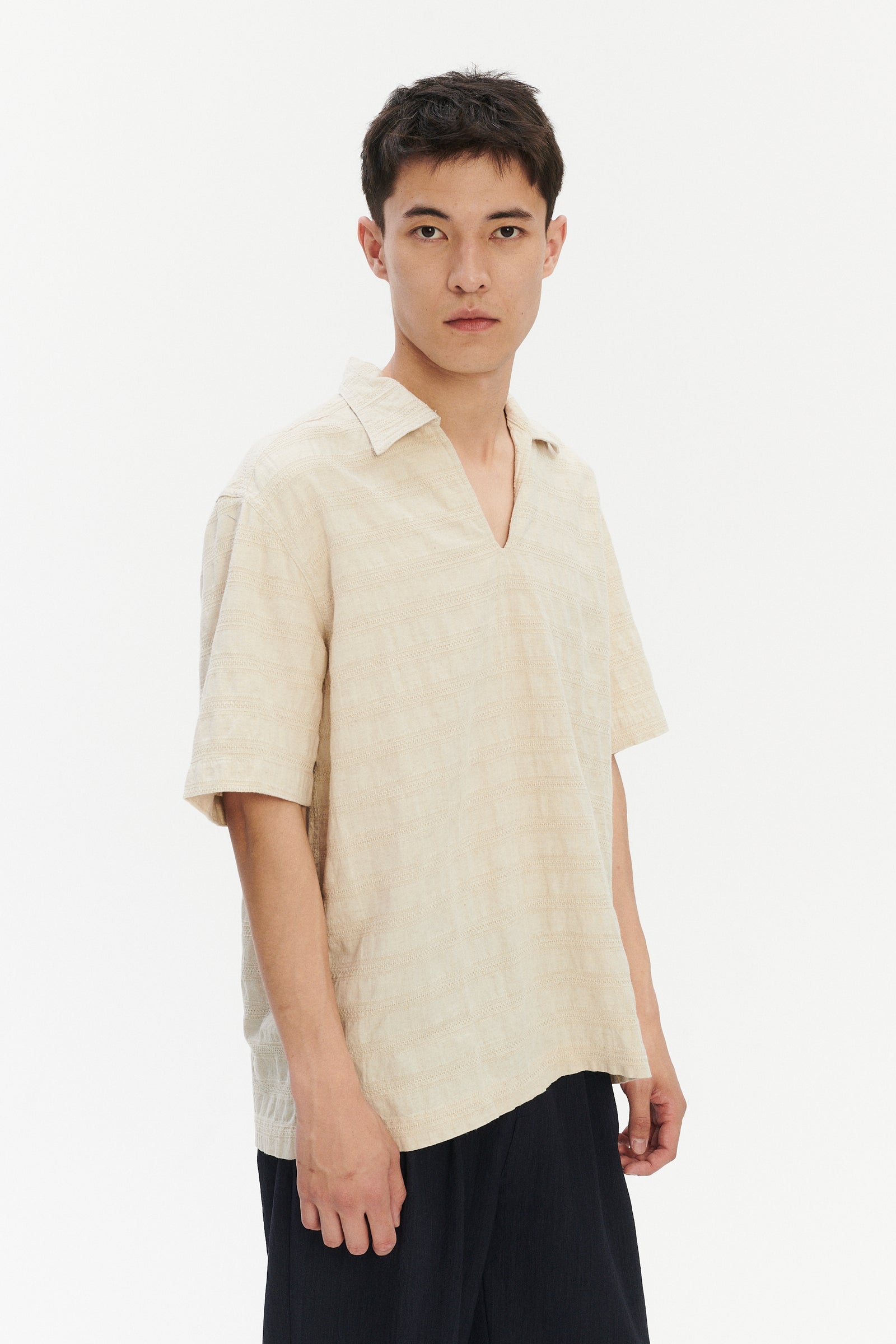 Short Sleeve Pop Over Shirt in a Cream White Subtle Weave Japanese Cotton and Linen