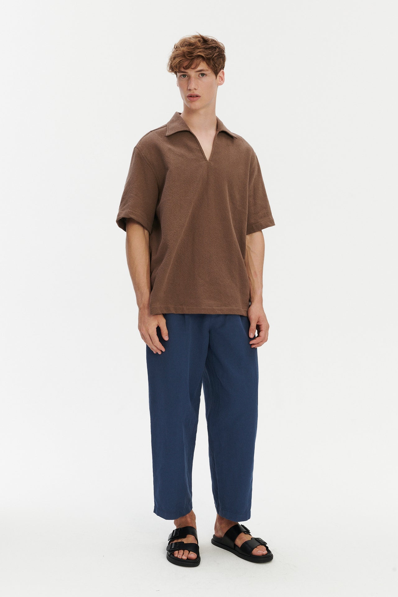 Short Sleeve Pop Over Shirt  in a Brown Grainy Cotton