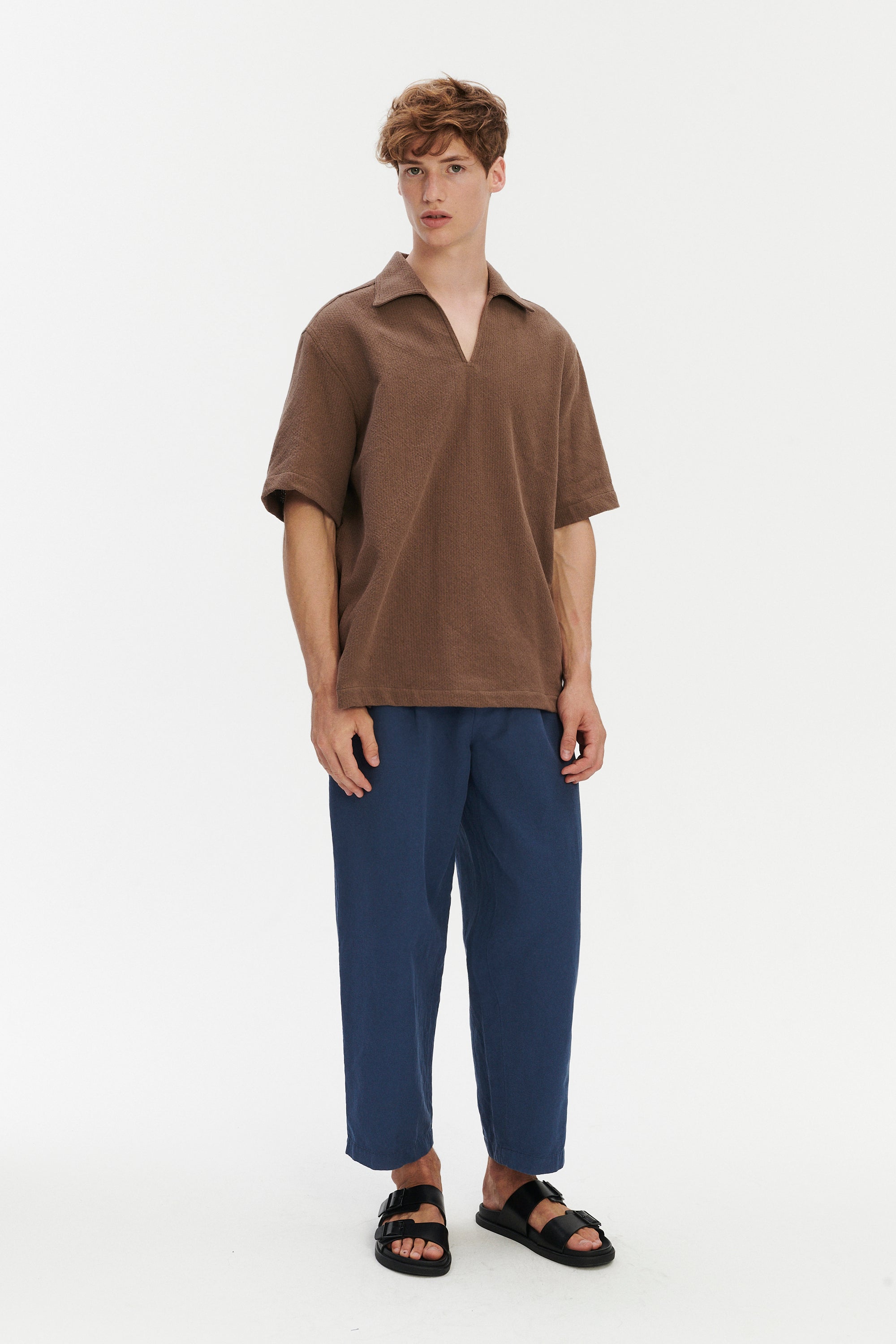 Short Sleeve Pop Over Shirt  in a Brown Grainy Cotton