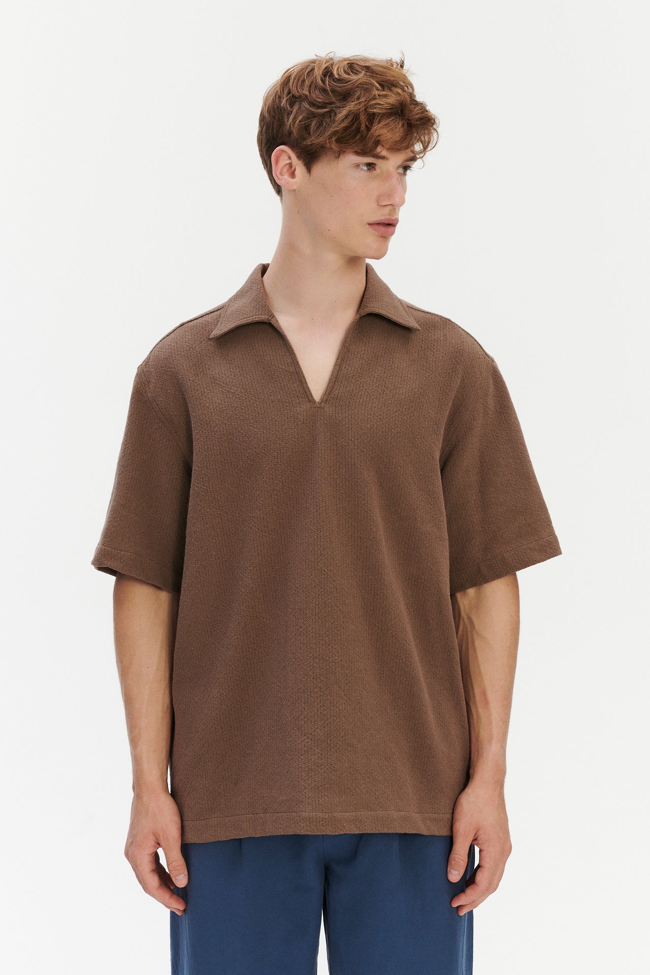 Short Sleeve Pop Over Shirt  in a Brown Grainy Cotton