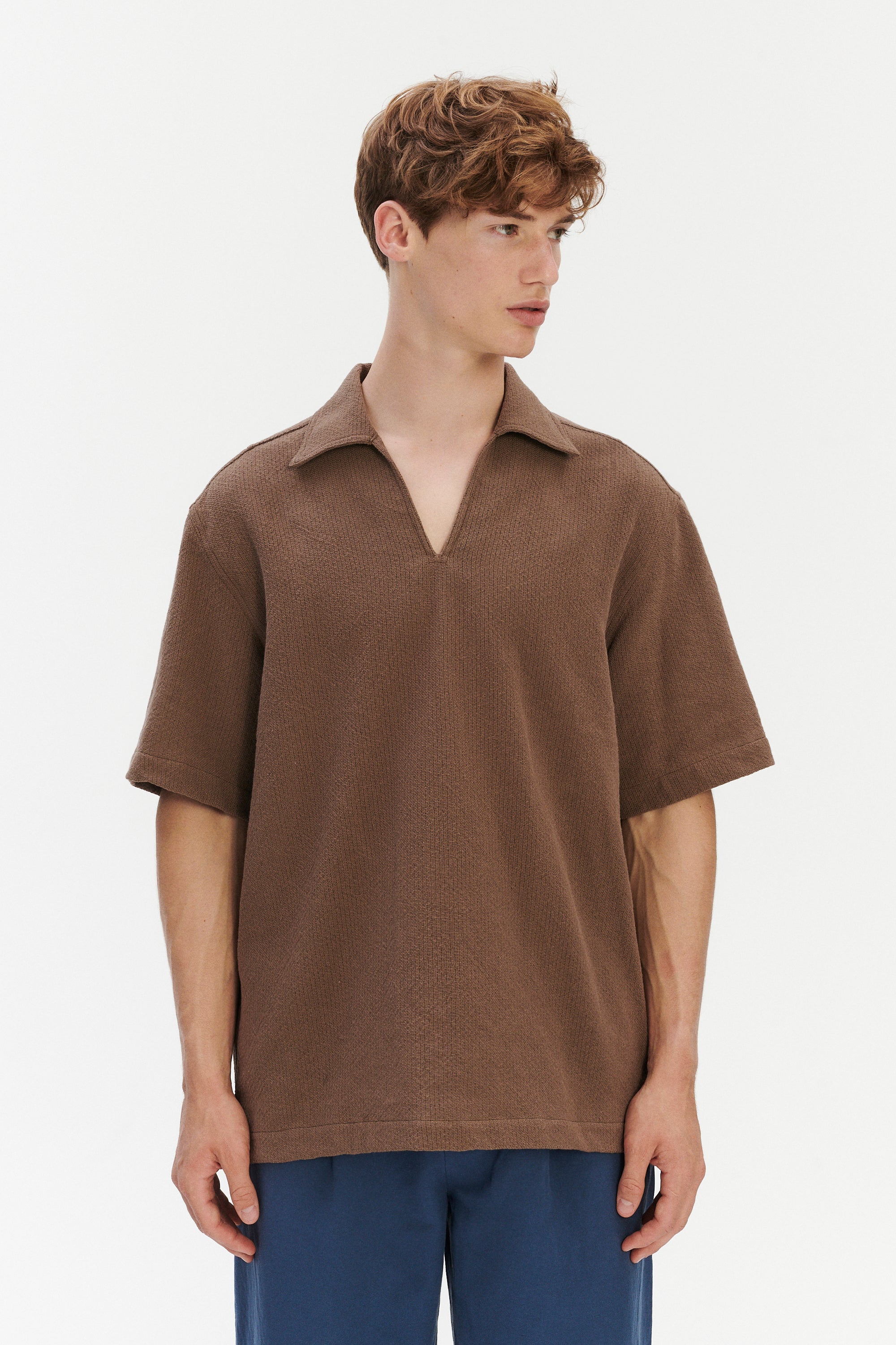 Short Sleeve Pop Over Shirt  in a Brown Grainy Cotton