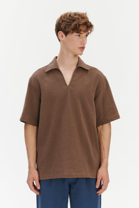 Short Sleeve Pop Over Shirt  in a Brown Portuguese Cotton