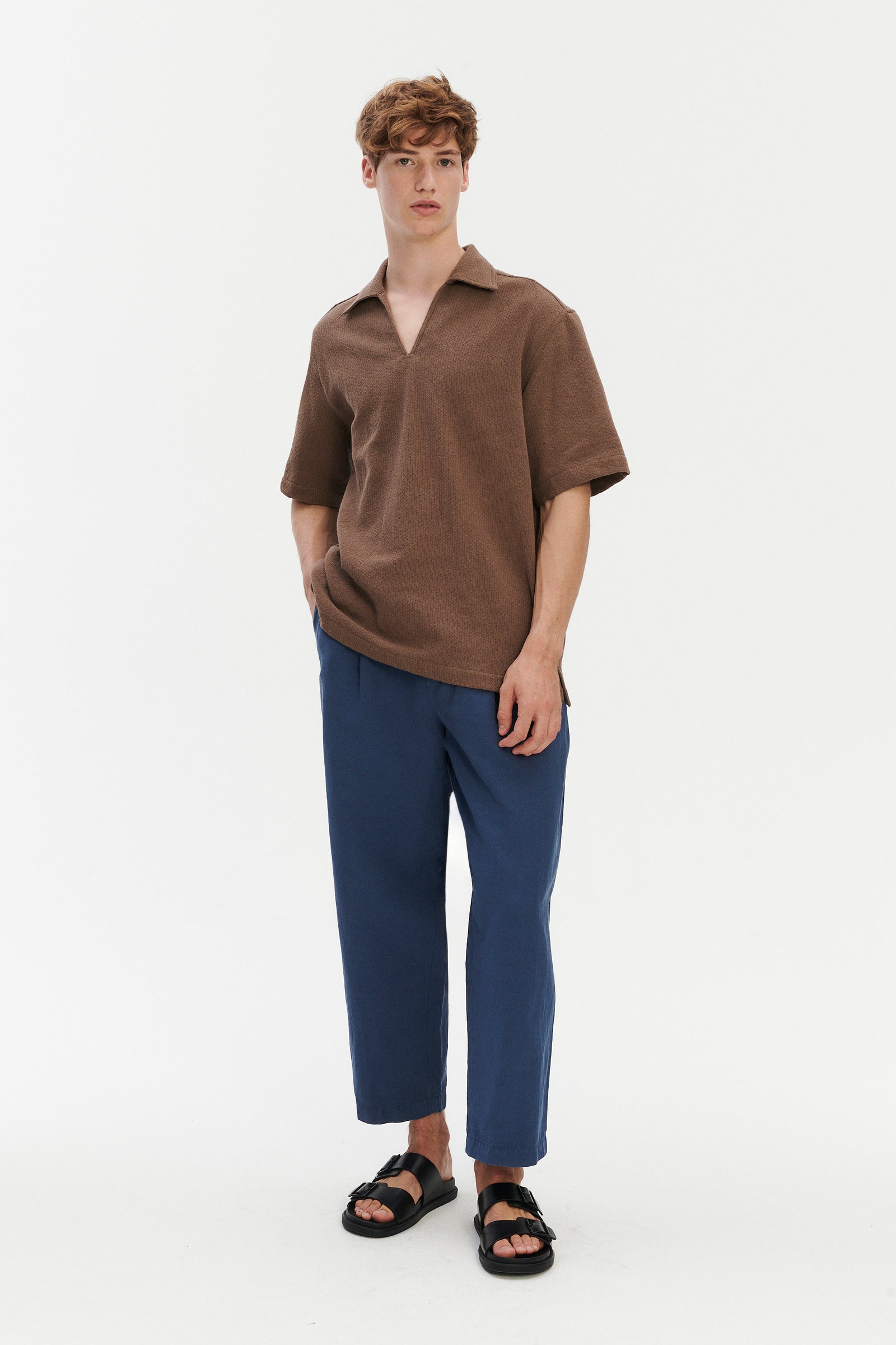 Short Sleeve Pop Over Shirt  in a Brown Portuguese Cotton