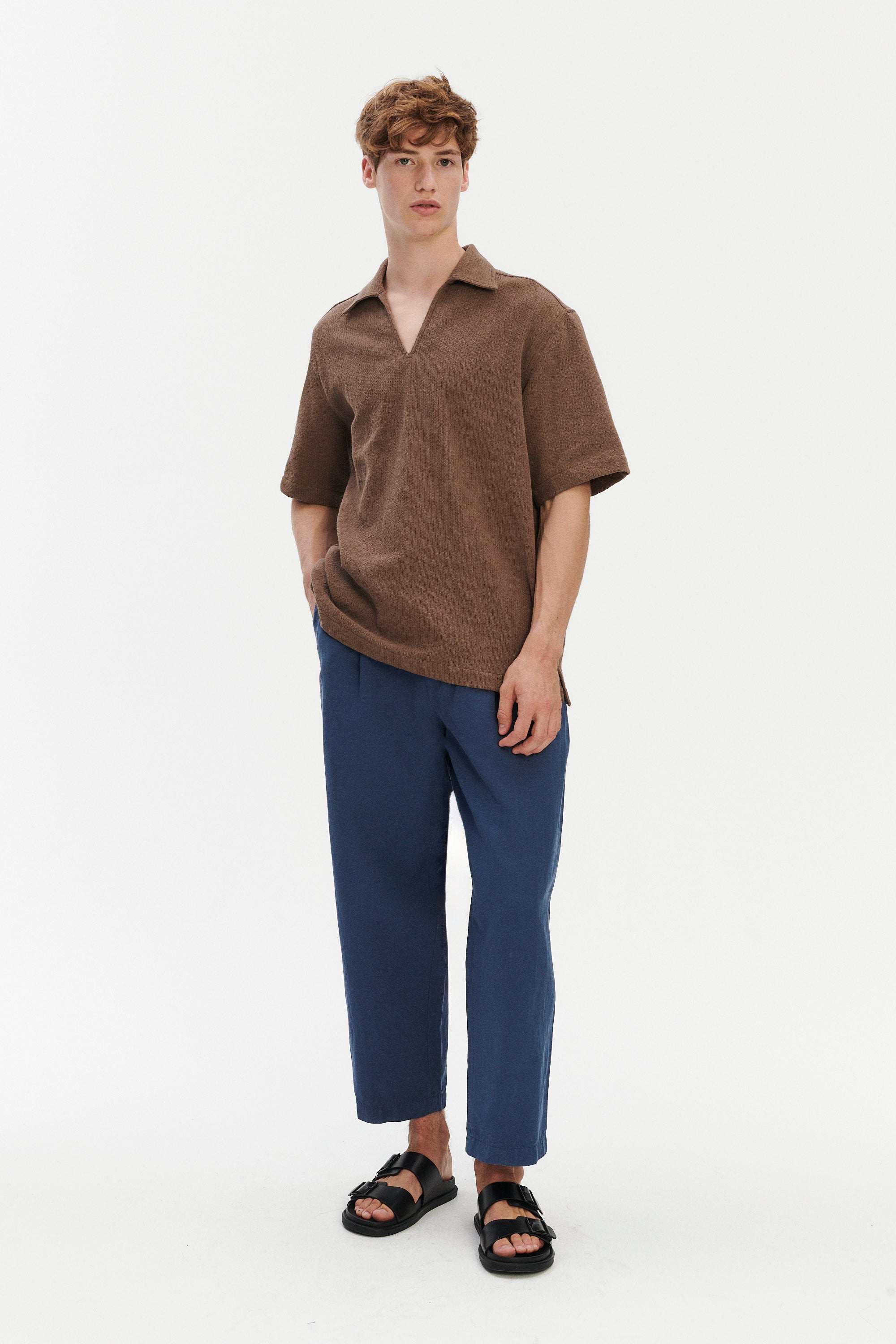 Short Sleeve Pop Over Shirt  in a Brown Grainy Cotton