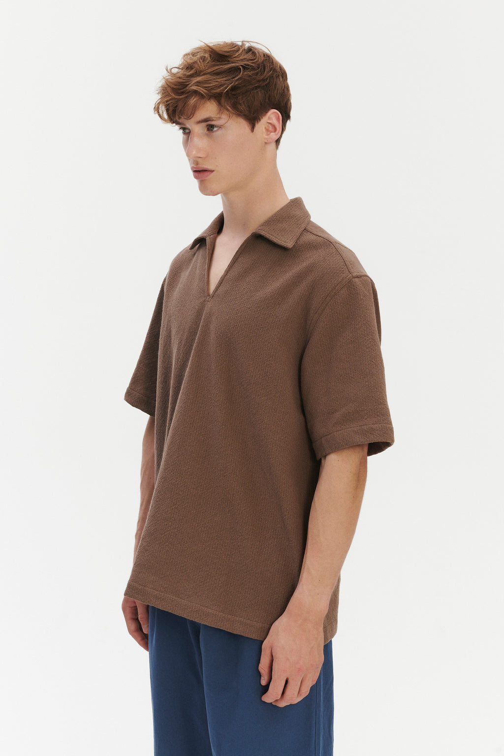 Short Sleeve Pop Over Shirt  in a Brown Grainy Cotton