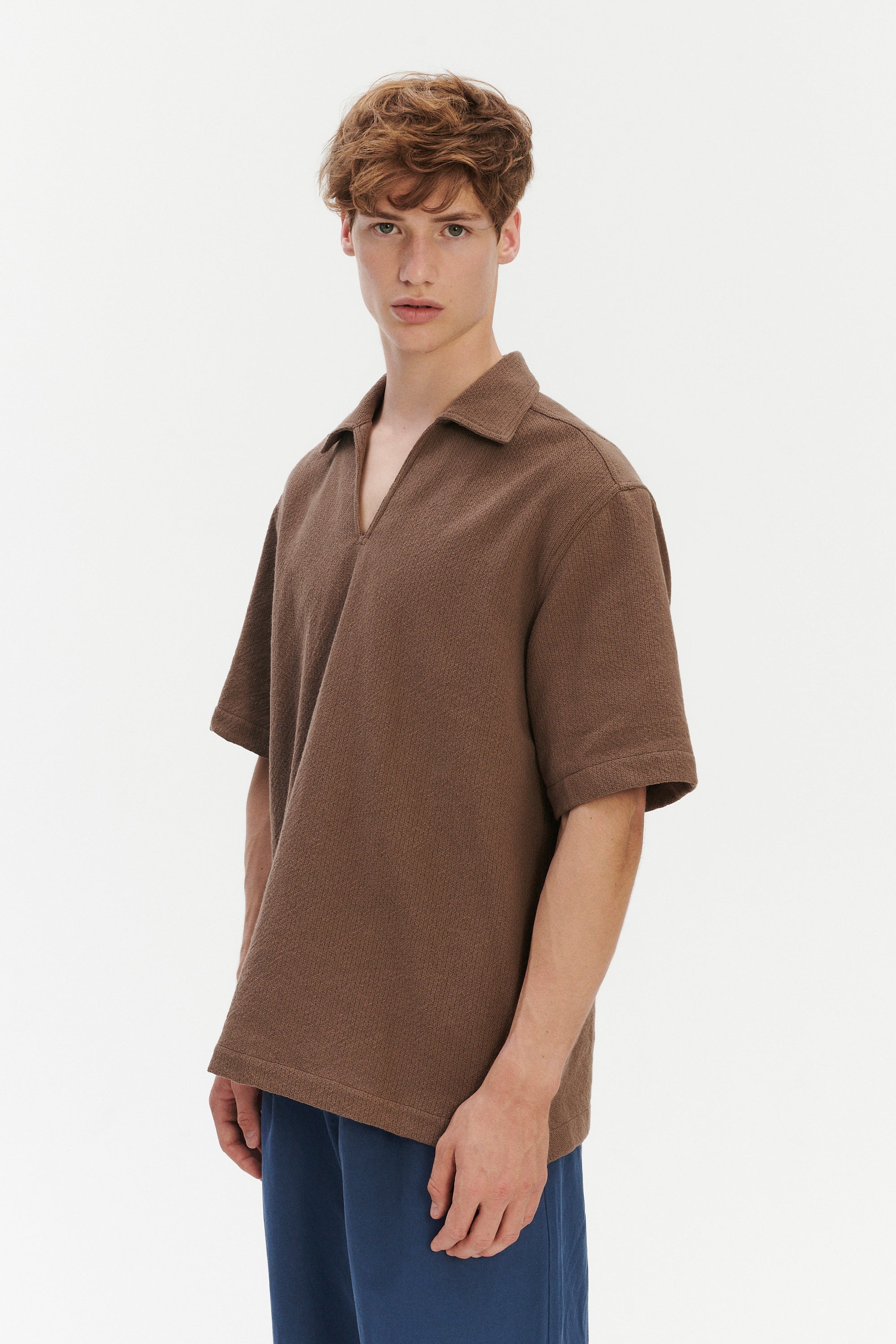 Short Sleeve Pop Over Shirt  in a Brown Grainy Cotton