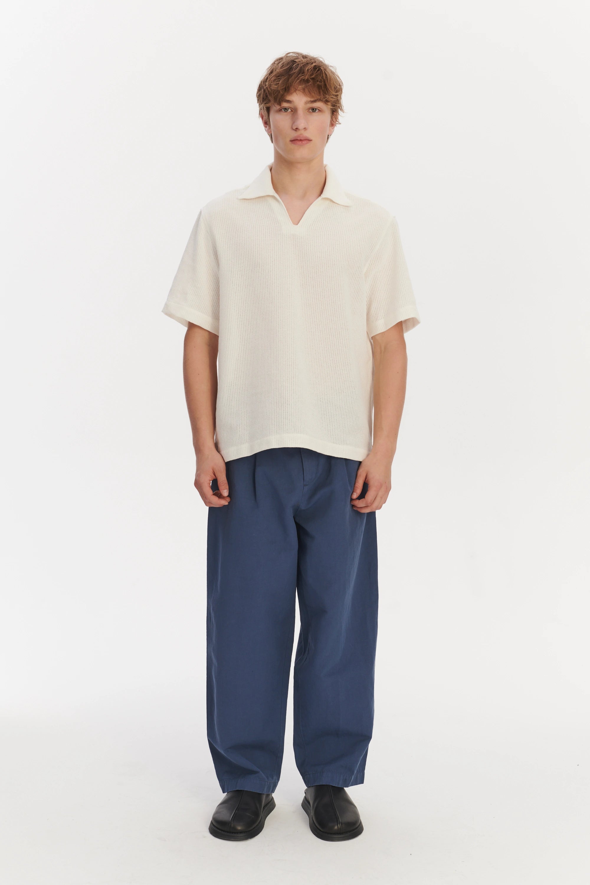 Short Sleeve Pop Over Shirt  in a Cream White Airy Structural Portuguese Cotton
