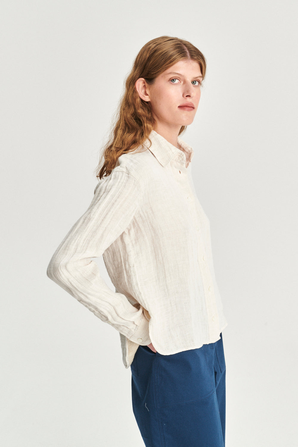 Relaxed Blouse in a Double Sided Off-White Fatigue Italian Linen and Cotton