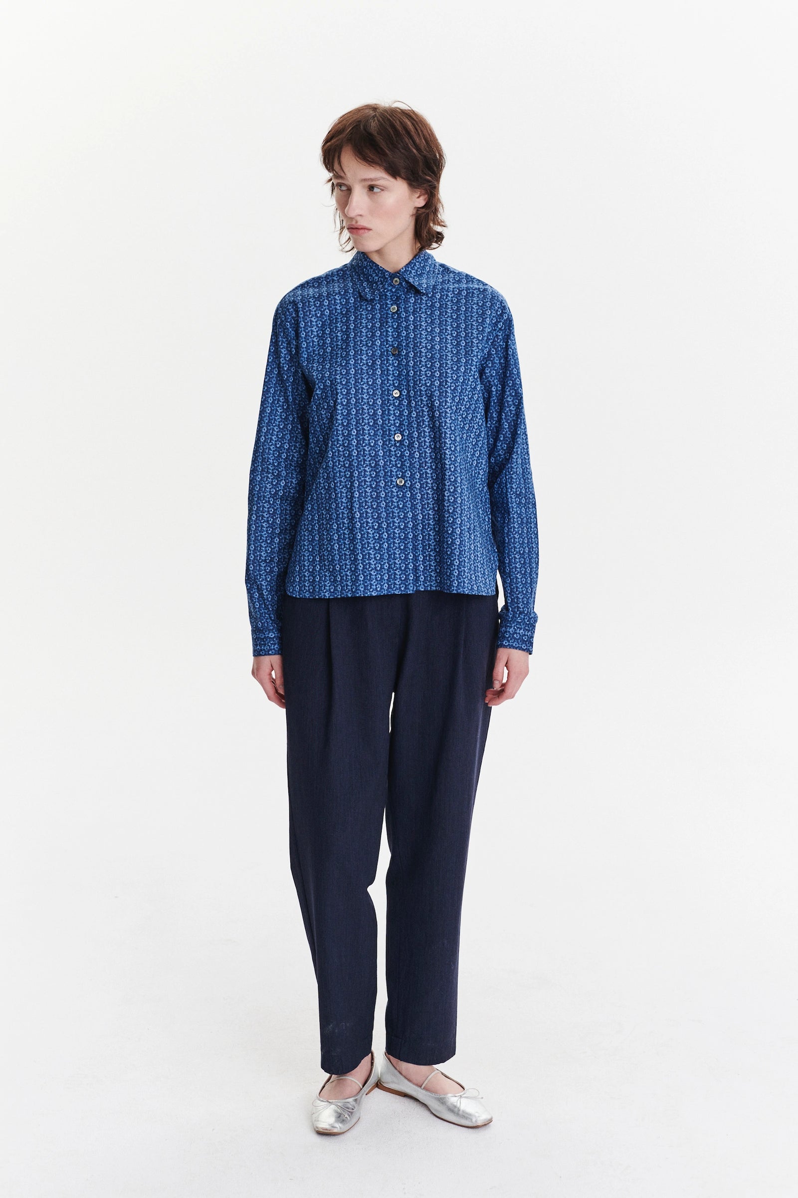 Relaxed Blouse in a Blue Abstract Flower Print Italian Cotton