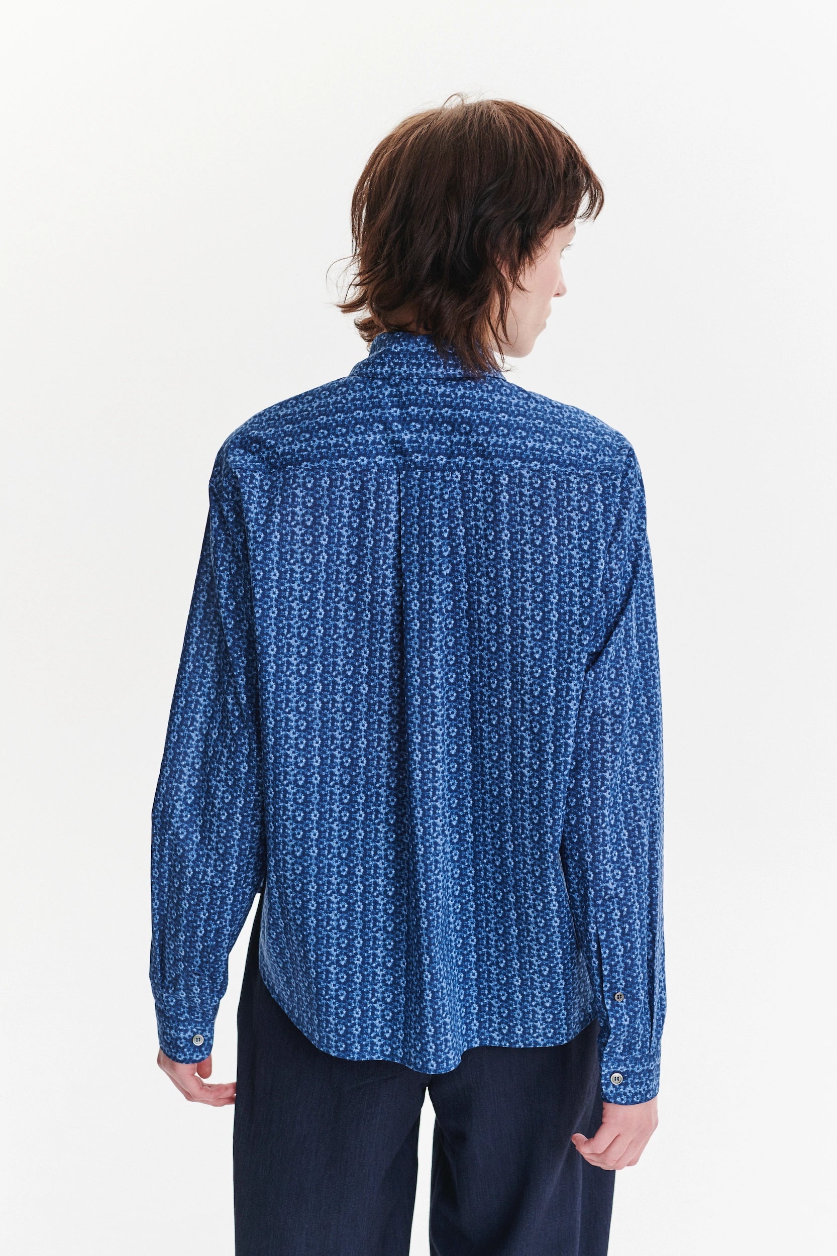 Relaxed Blouse in a Blue Abstract Flower Print Italian Cotton