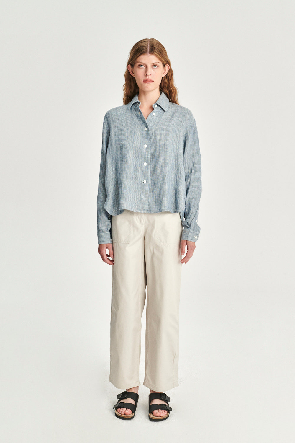 Relaxed Blouse in a Double Sided Blue and Green Italian Fatigue Linen and Cotton