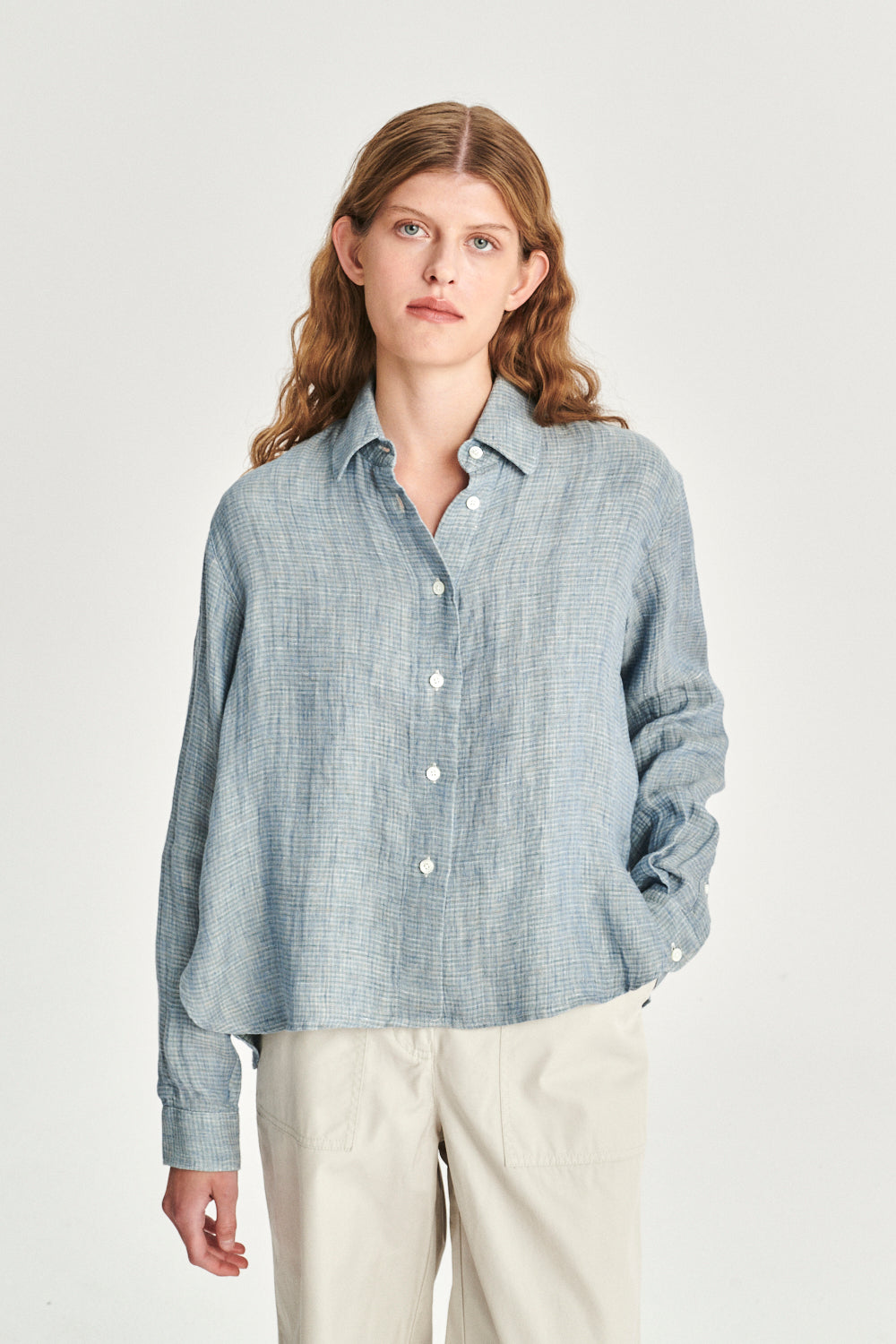 Relaxed Blouse in a Double Sided Blue and Green Italian Fatigue Linen and Cotton