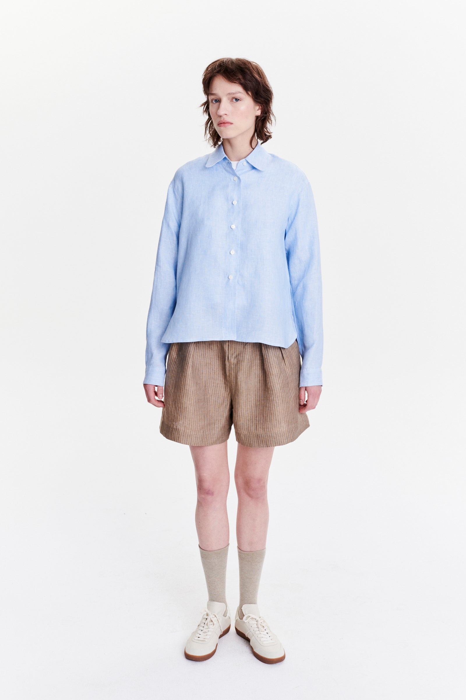 Relaxed Blouse in a Light Fresh Blue Soft Italian Cotton and Lyocell Flannel