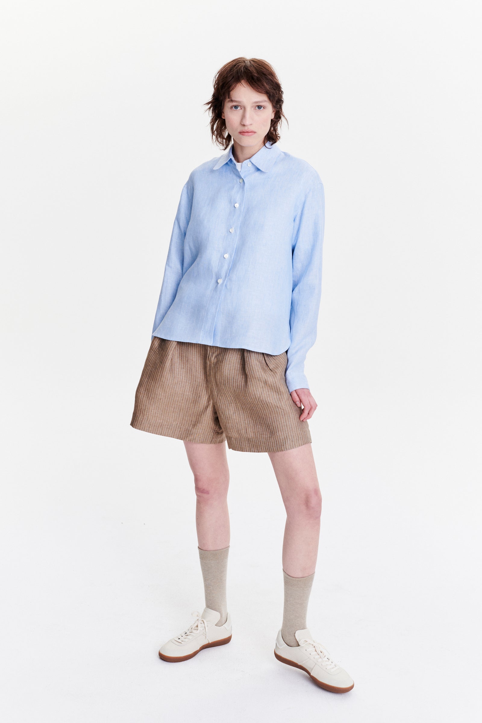 Relaxed Blouse in a Light Fresh Blue Soft Italian Cotton and Lyocell Flannel