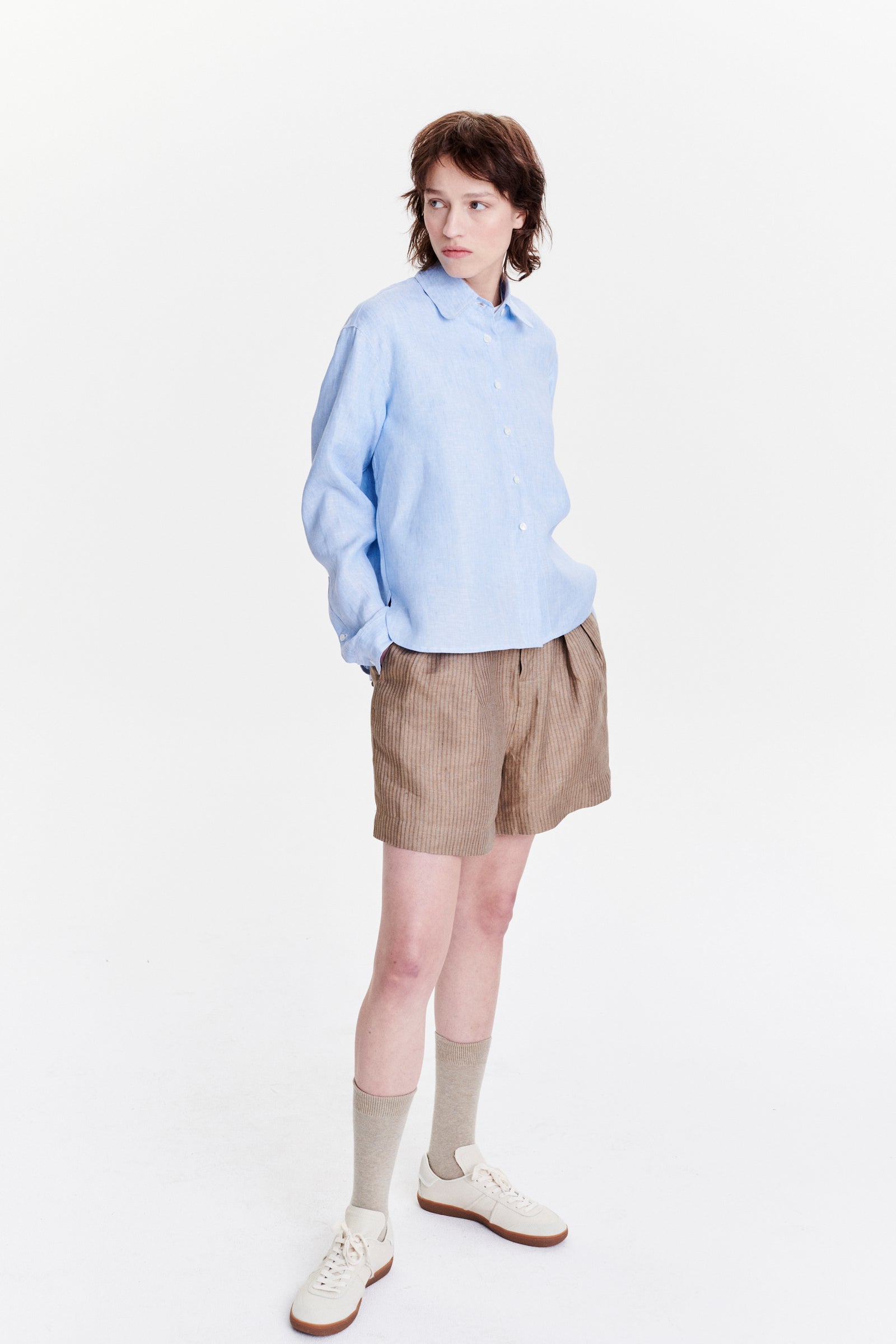 Relaxed Blouse in a Light Fresh Blue Soft Italian Cotton and Lyocell Flannel