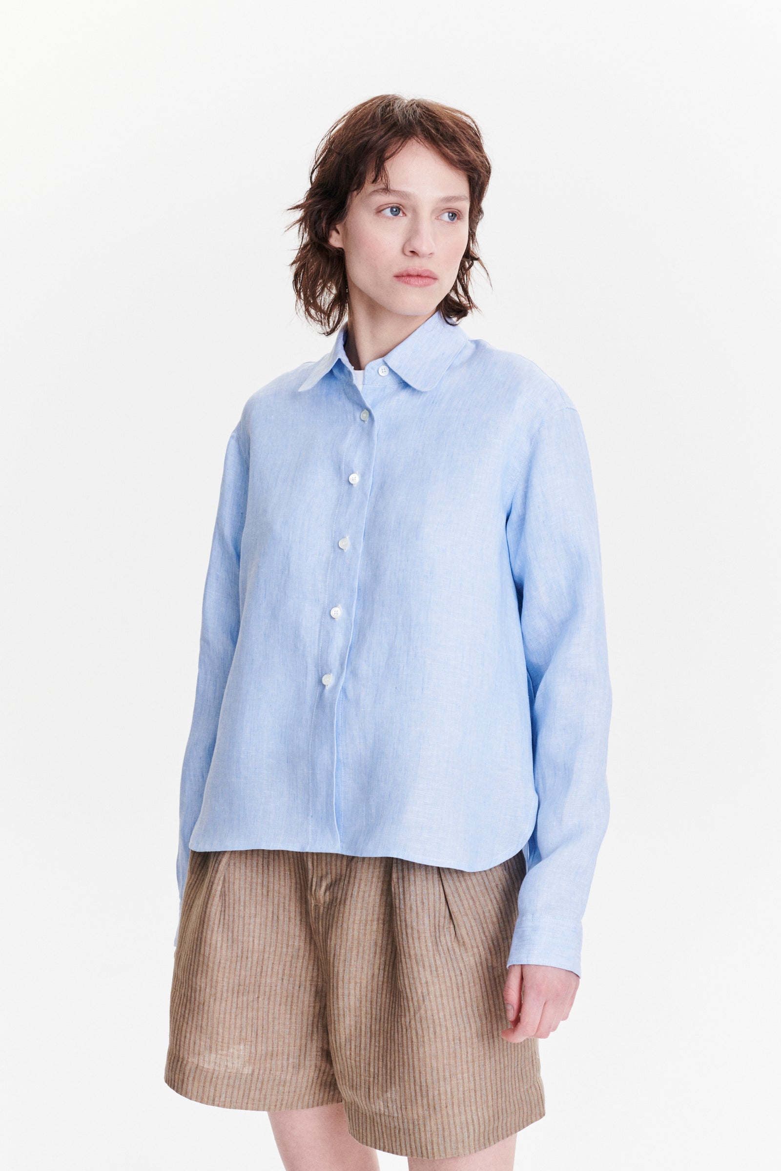 Relaxed Blouse in a Light Fresh Blue Soft Italian Cotton and Lyocell Flannel