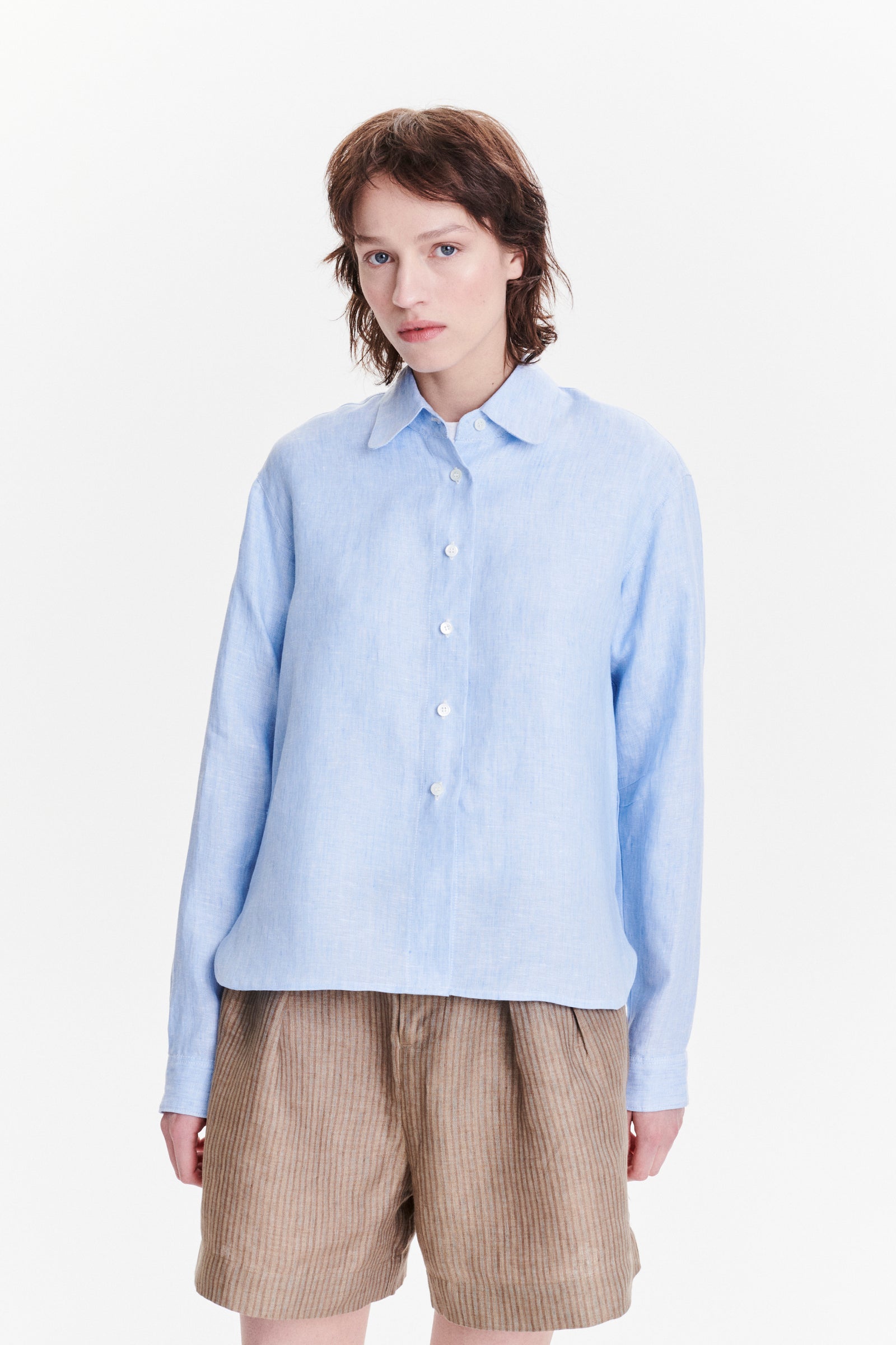 Relaxed Blouse in a Light Fresh Blue Soft Italian Cotton and Lyocell Flannel