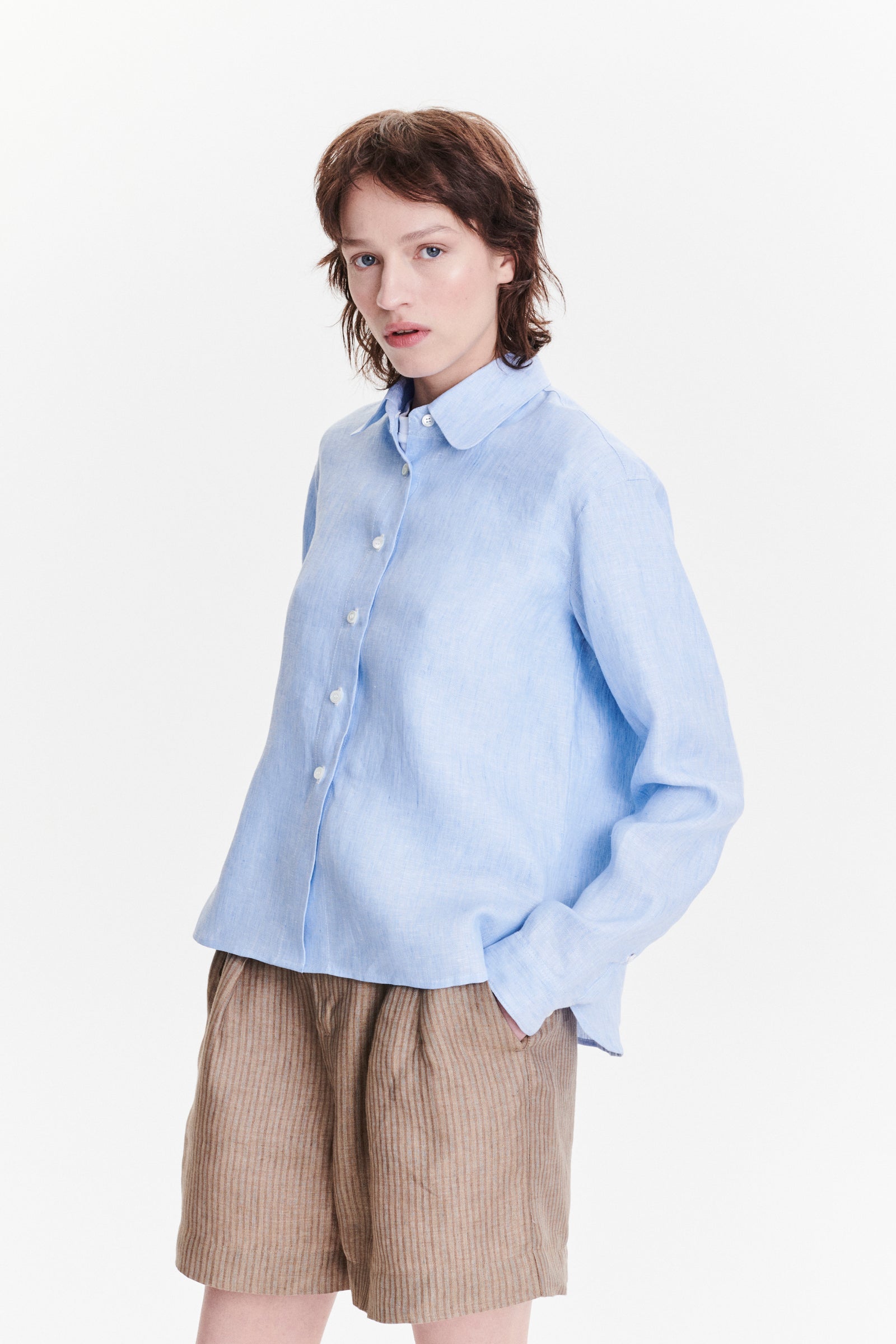 Relaxed Blouse in a Light Fresh Blue Soft Italian Cotton and Lyocell Flannel