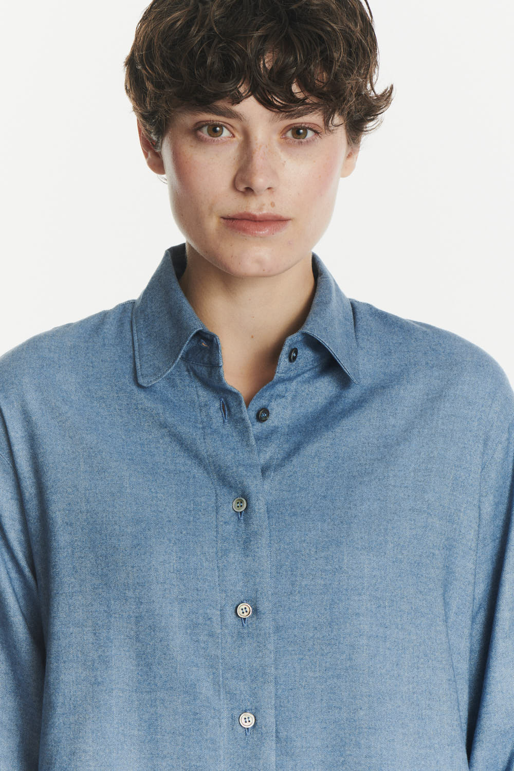 Relaxed Blouse in a Blue Soft Italian Lyocell and Cotton Flannel
