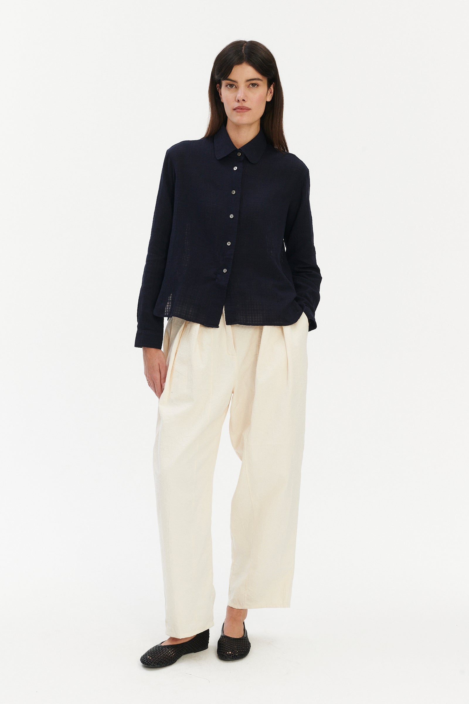 Blouse in a Dark Navy Airy Structural Portuguese Cotton
