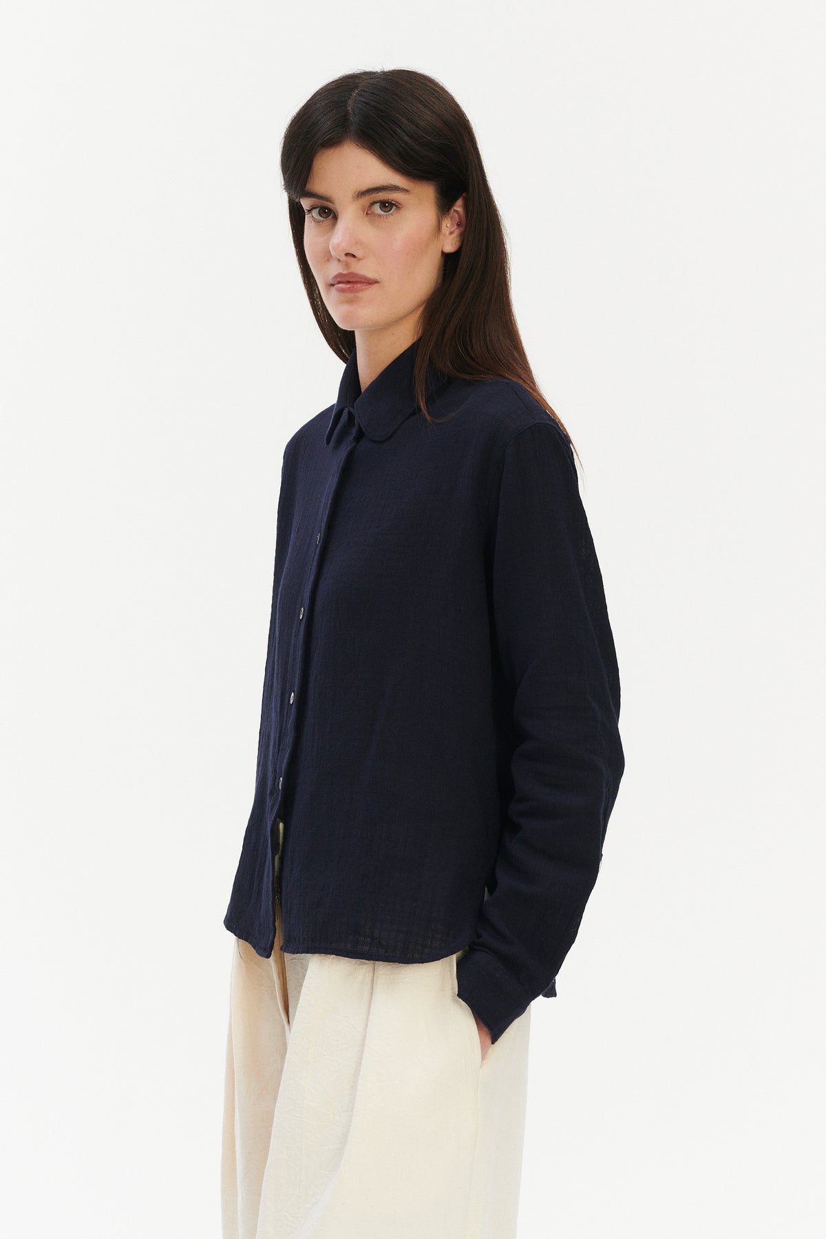 Blouse in a Dark Navy Airy Structural Portuguese Cotton