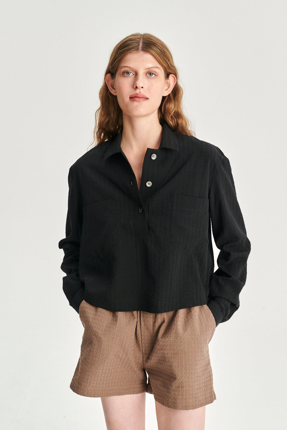 Cropped Pop-Over Top in a Black  Portuguese Tencel Seersucker