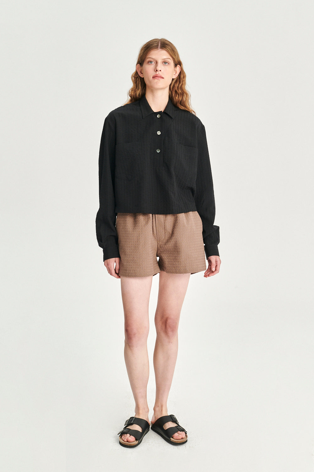 Cropped Pop-Over Top in a Black  Portuguese Tencel Seersucker